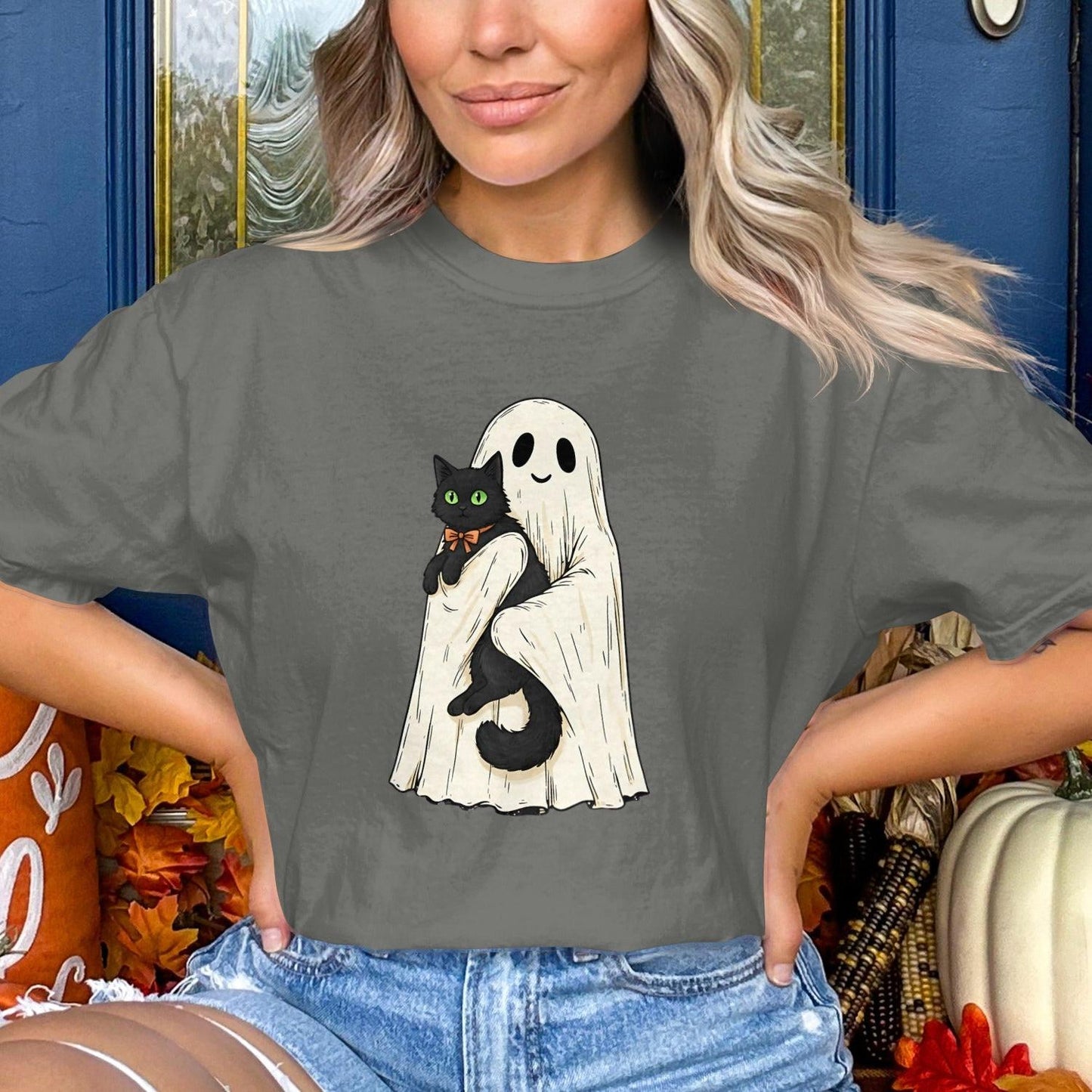 Ghost Holding Black Cat Halloween T-Shirt Product Type