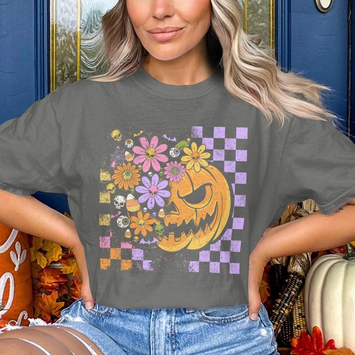 Floral Checkered Pumpkin Halloween Shirt product type