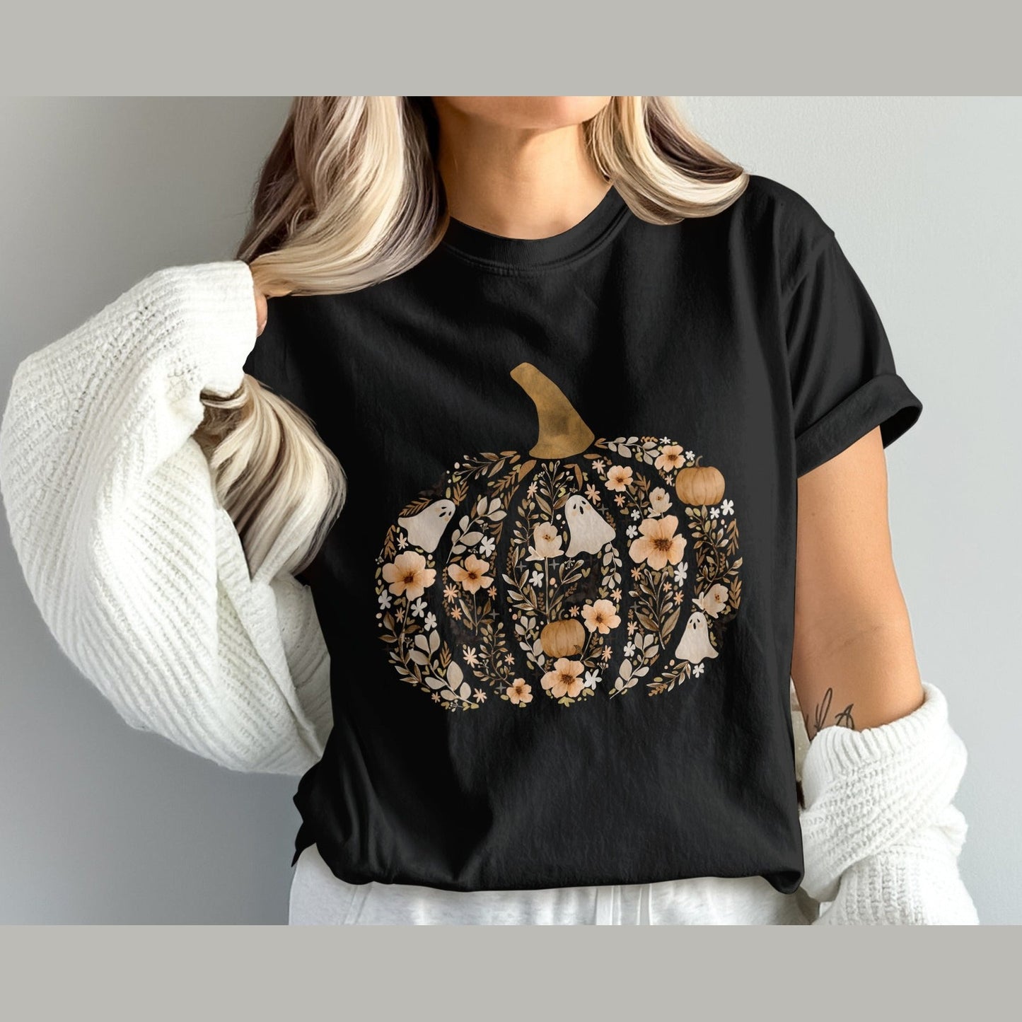 Pumpkin and Floral Design Halloween T-shirt product type