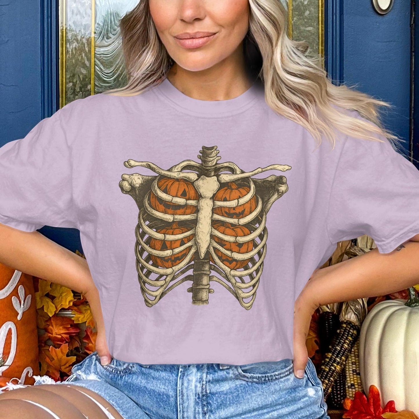 Skeleton Ribcage with Pumpkins Graphic T-shirt product