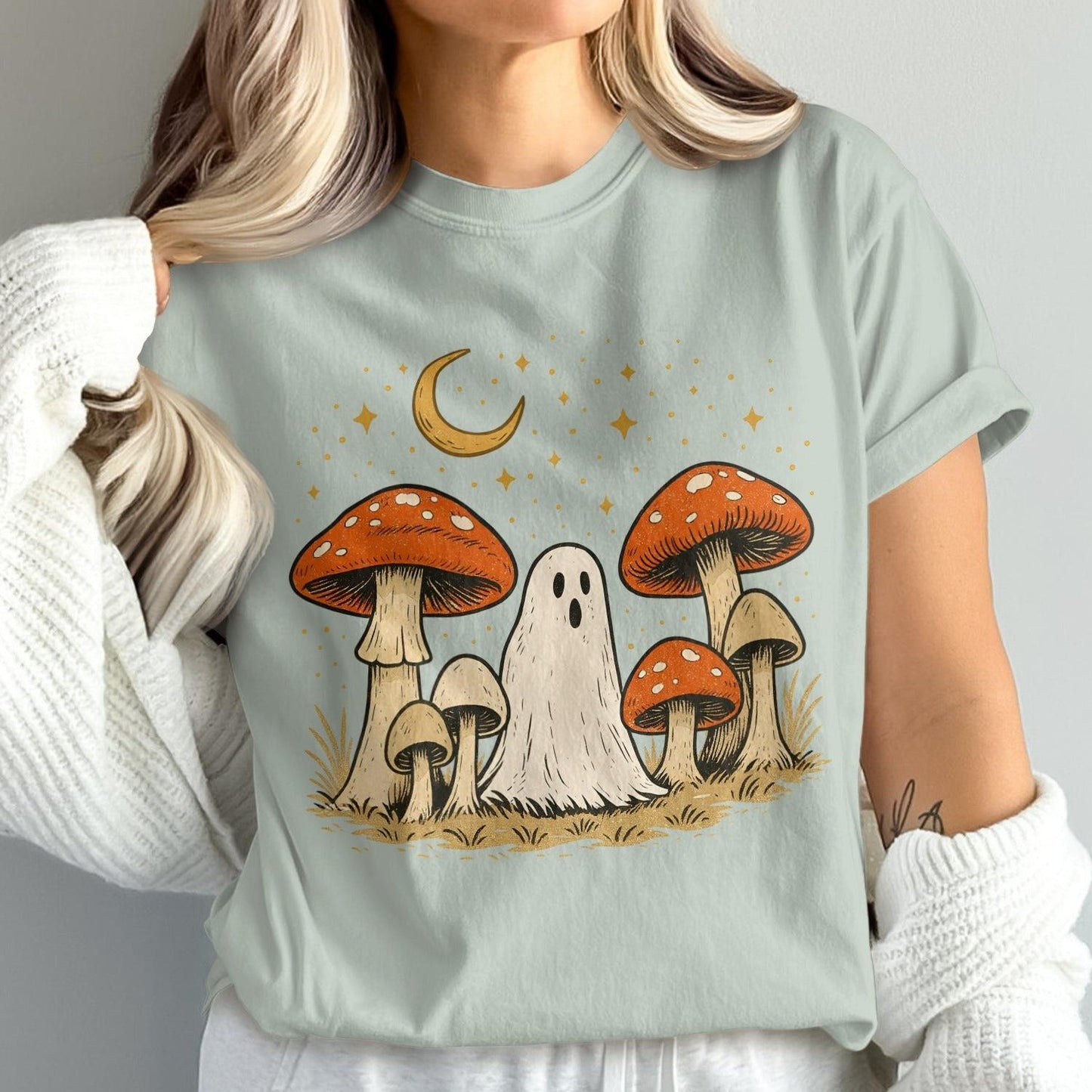 Cute Ghost and Mushrooms T-Shirt with Stars product type