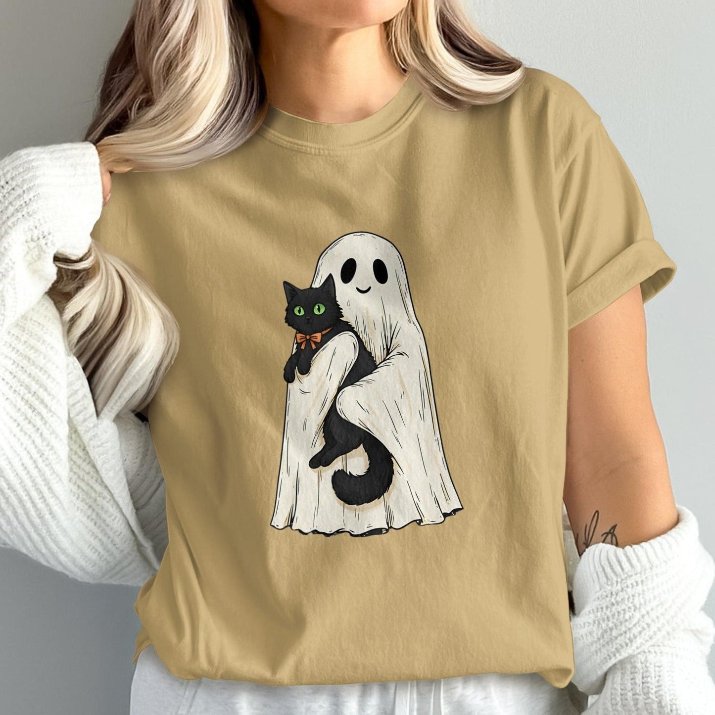 Spooky Ghost Holding Cute Black Cat Graphic T-shirt product type