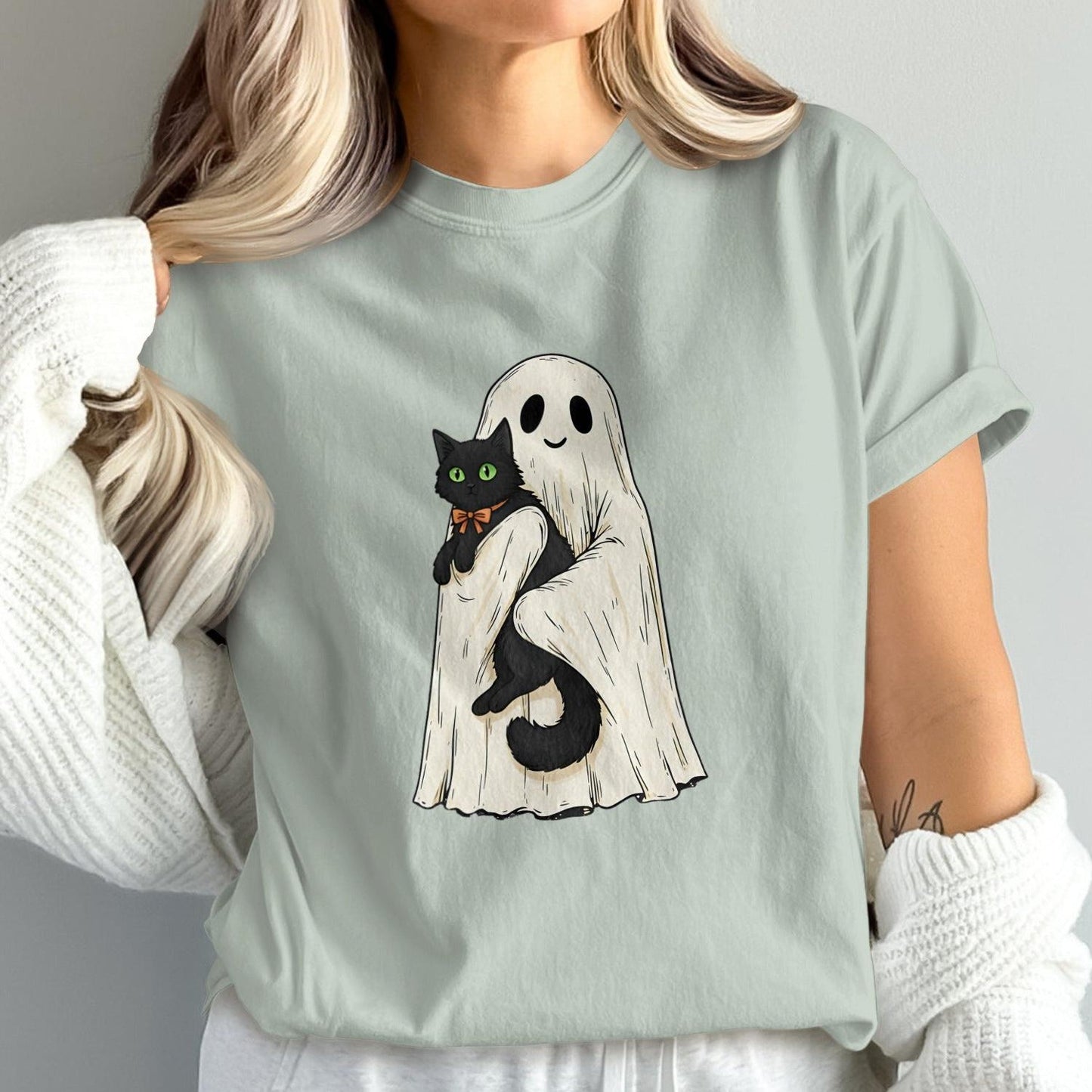 Halloween Ghost Holding Cat Graphic Tee product