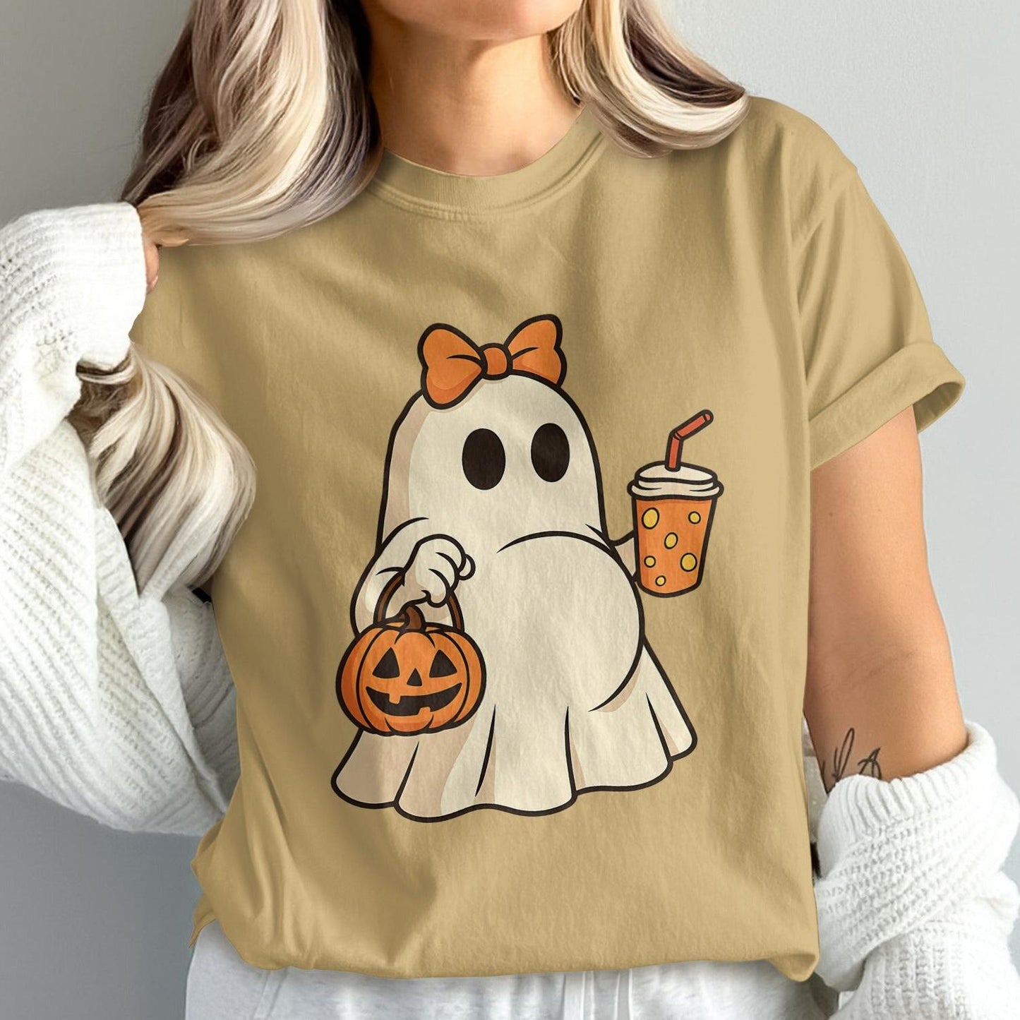 Cute Ghost with Pumpkin and Drink Graphic Shirt product type