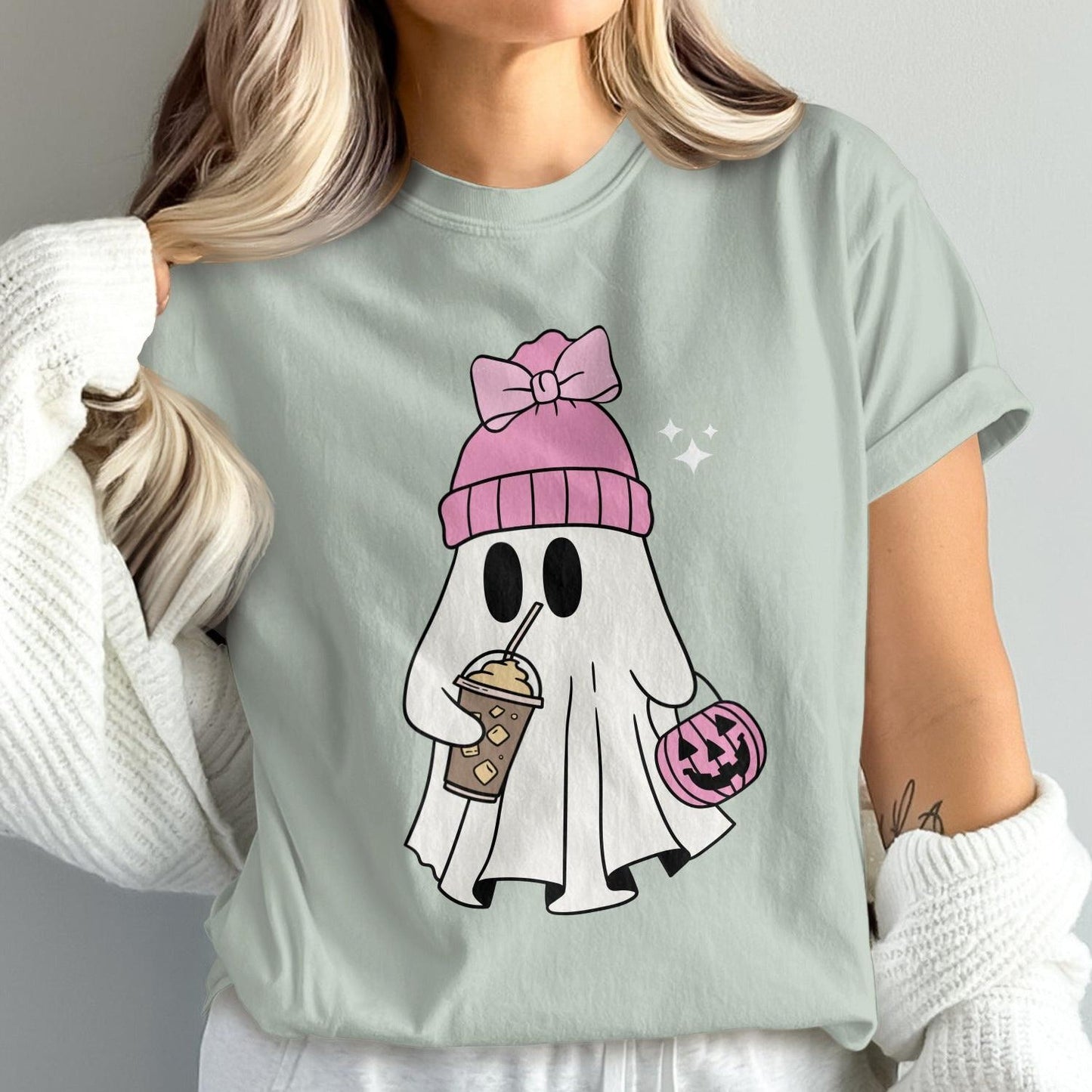Cute Ghost with Pink Hat and Coffee Print Shirt product