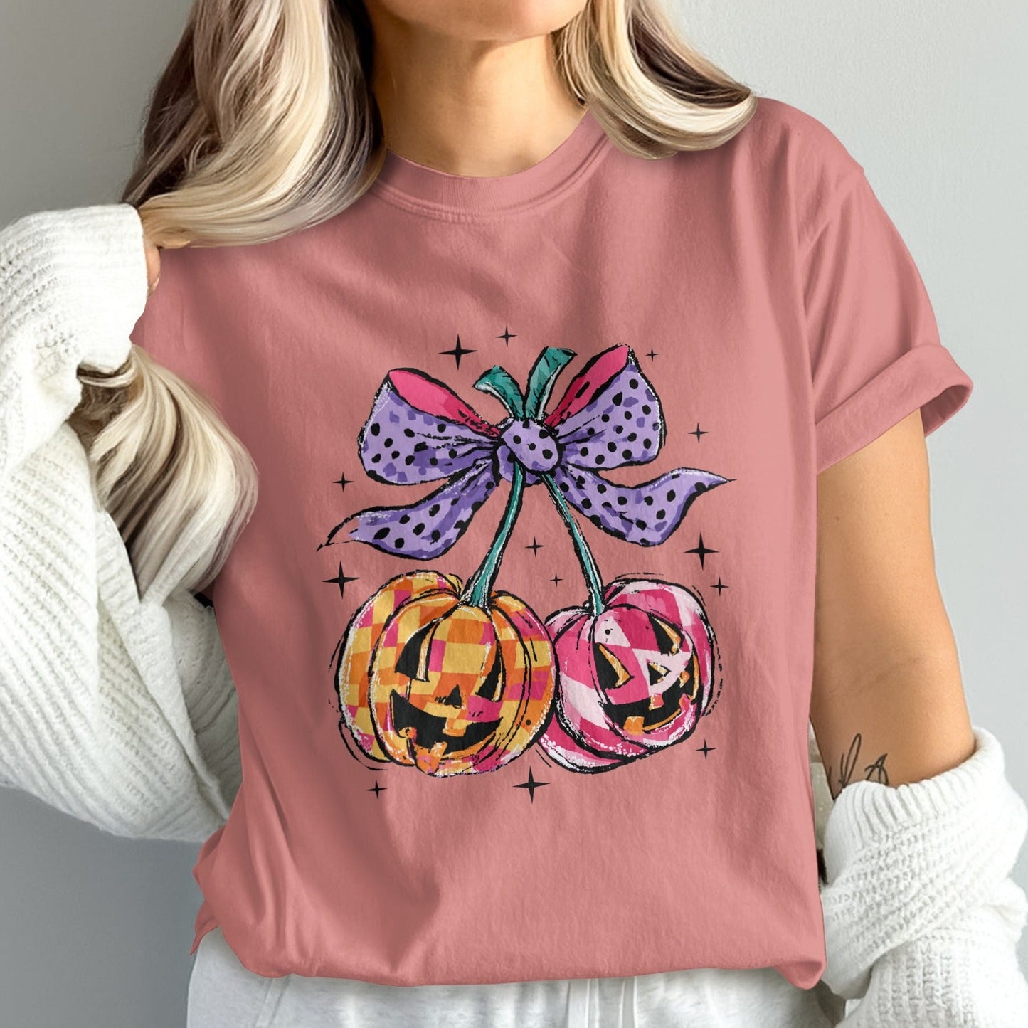 Festive Pink Shirt with Halloween Pumpkin Design product