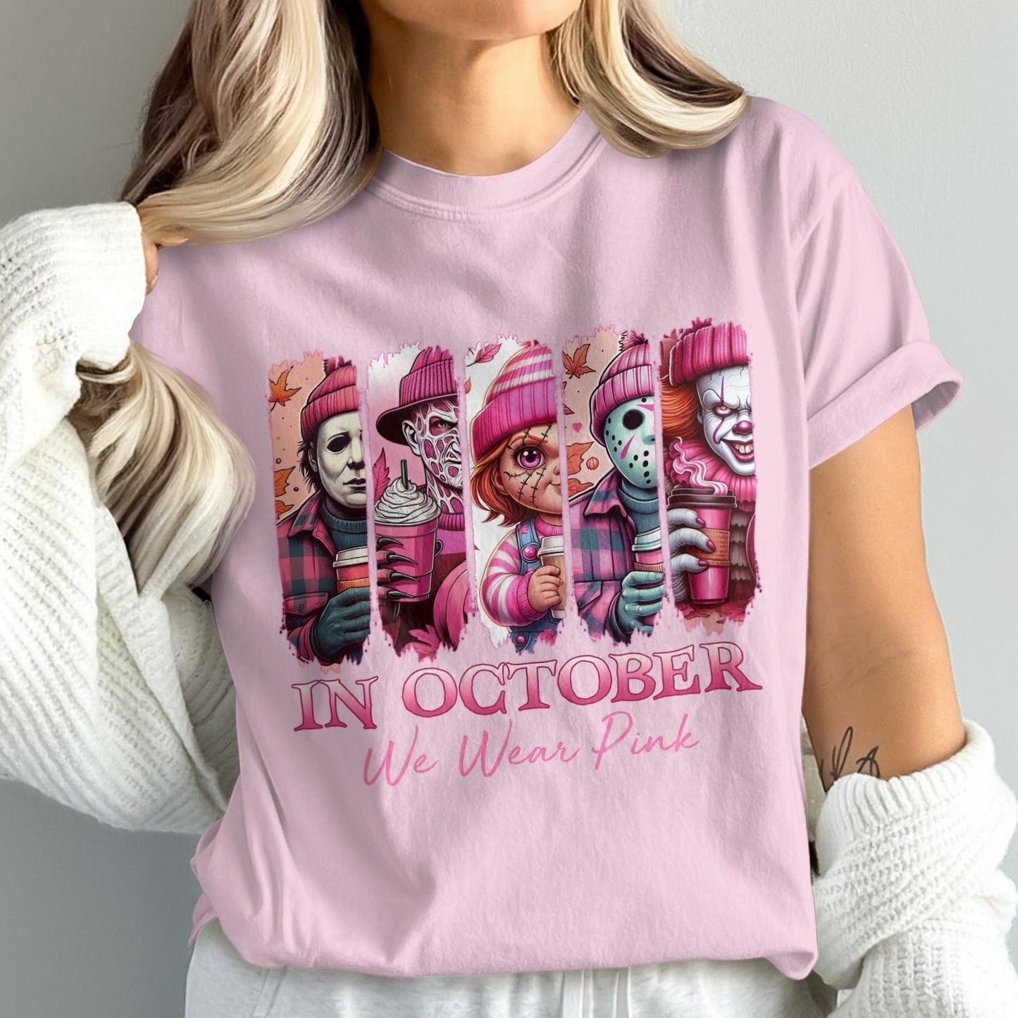 In October We Wear Pink Horror Characters T-shirt product