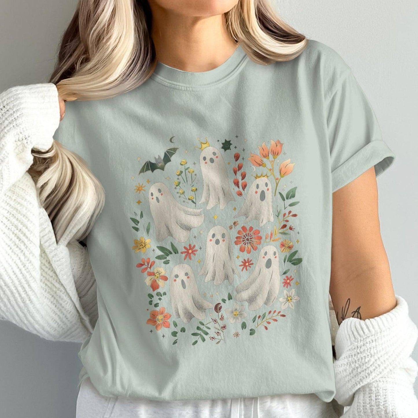 Whimsical Ghosts and Floral Design T-shirt product type