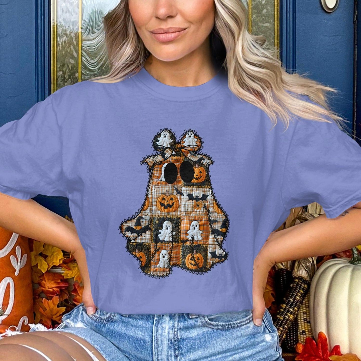 Halloween Ghost and Pumpkin Blue T-Shirt product