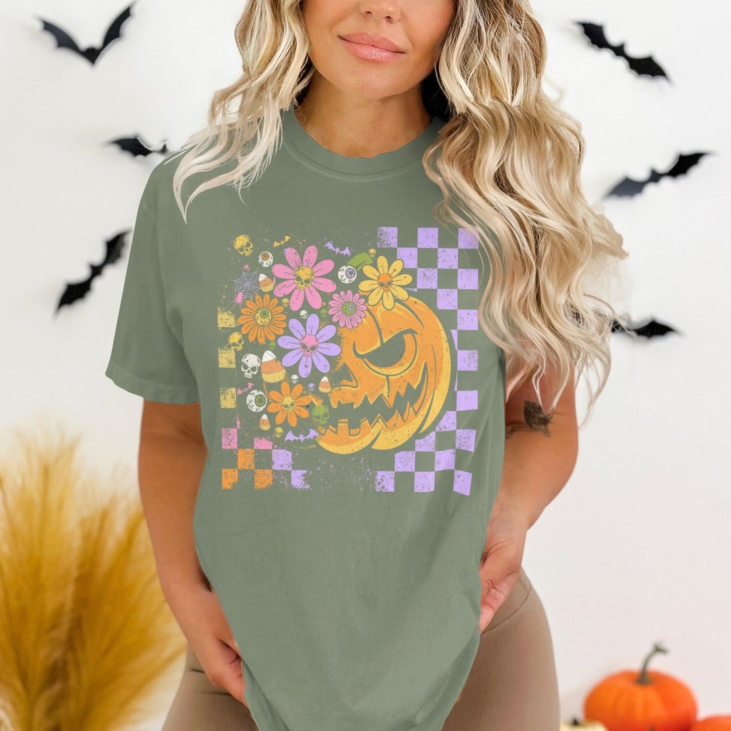 Halloween Pumpkin and Flowers Graphic Tee product