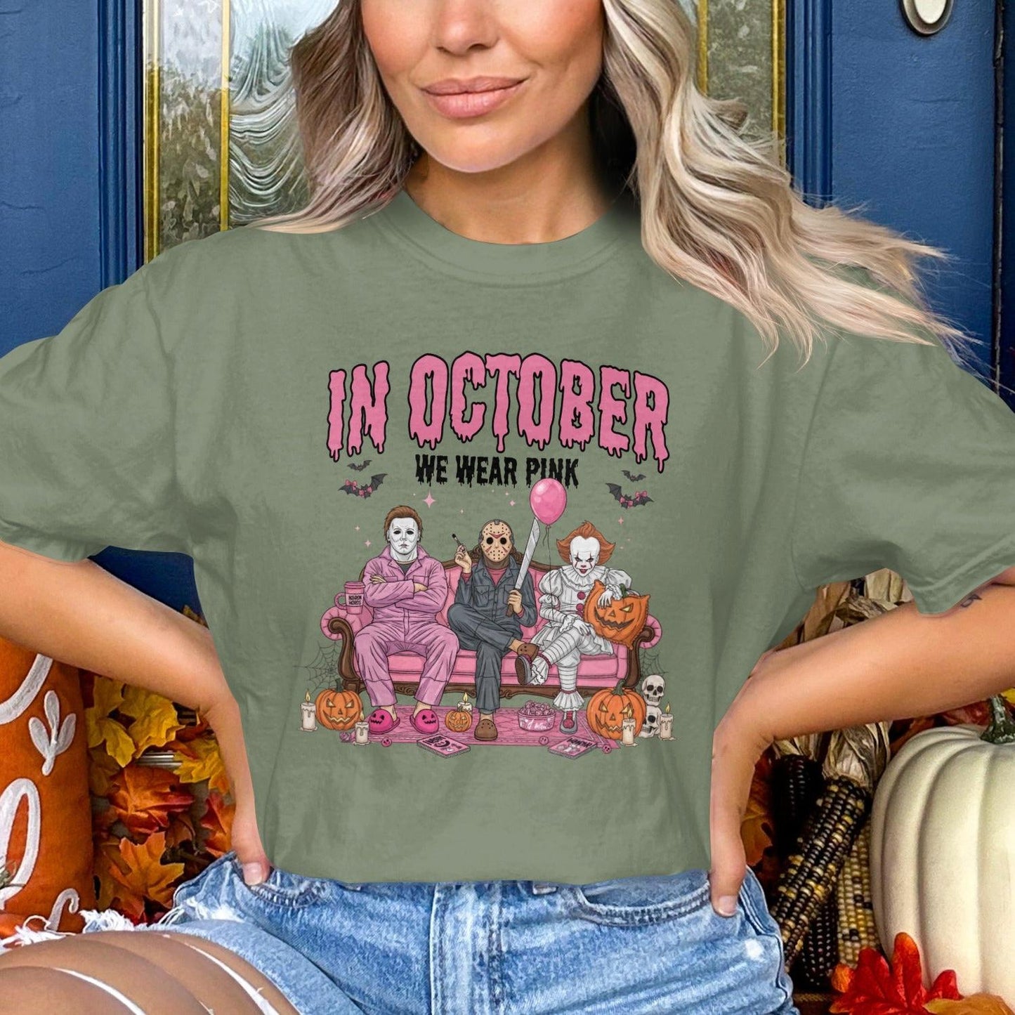 In October We Wear Pink Halloween Themed Shirt Product