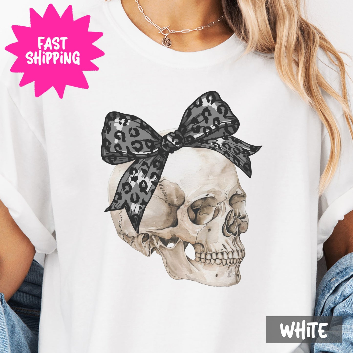 Leopard Print Bow Skull Womens Tshirt