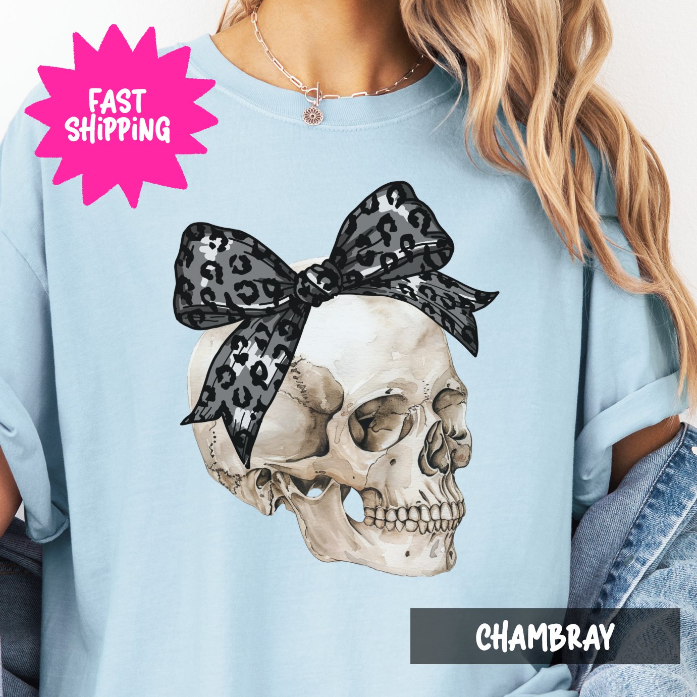 Leopard Print Bow Skull Womens Tshirt