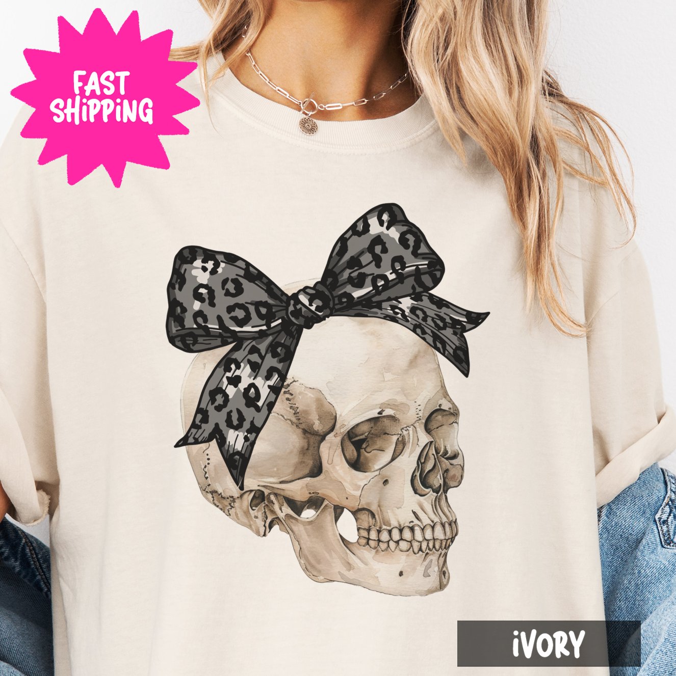 Leopard Print Bow Skull Womens Tshirt