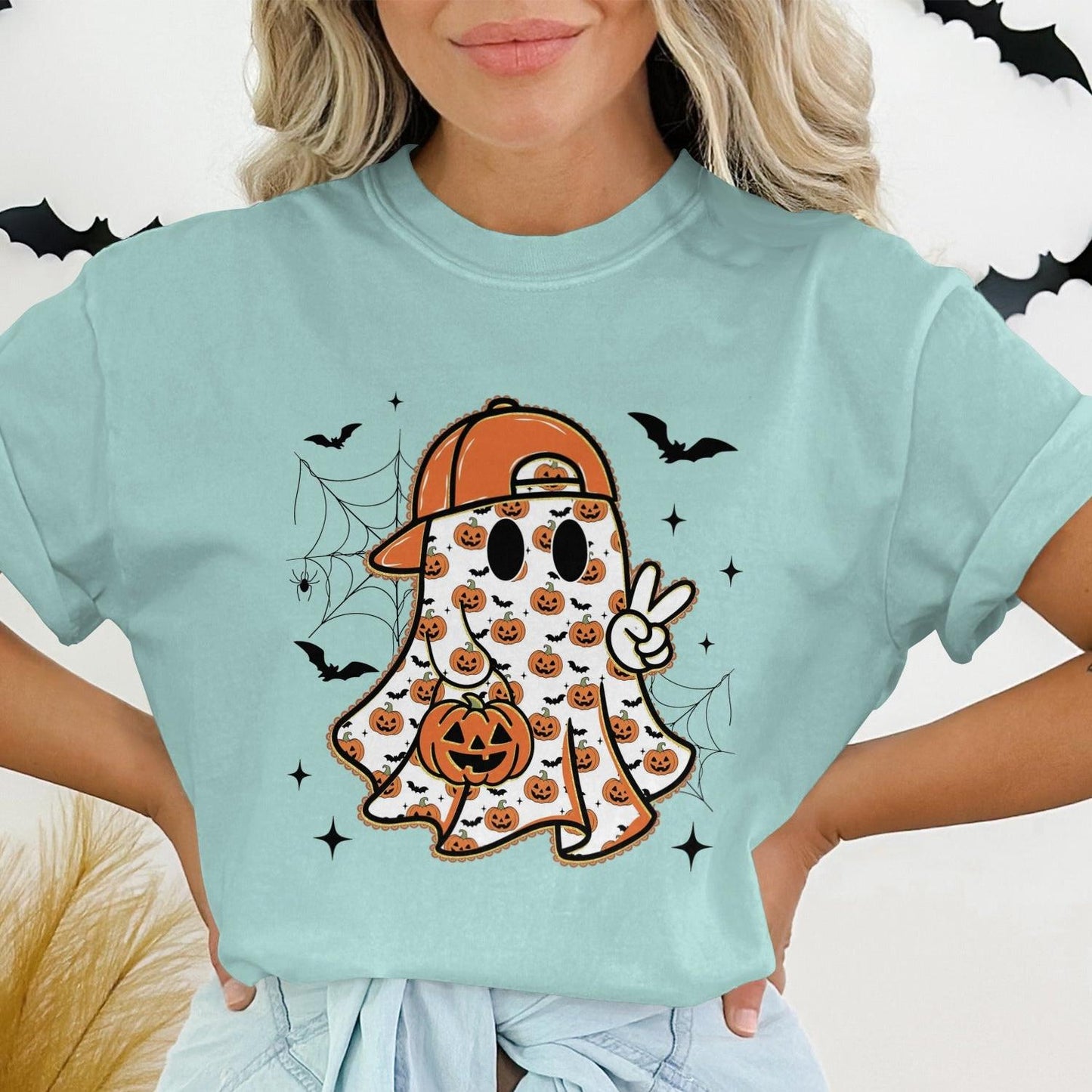 Halloween Ghost Wearing Cap Graphic Tee Shirt product