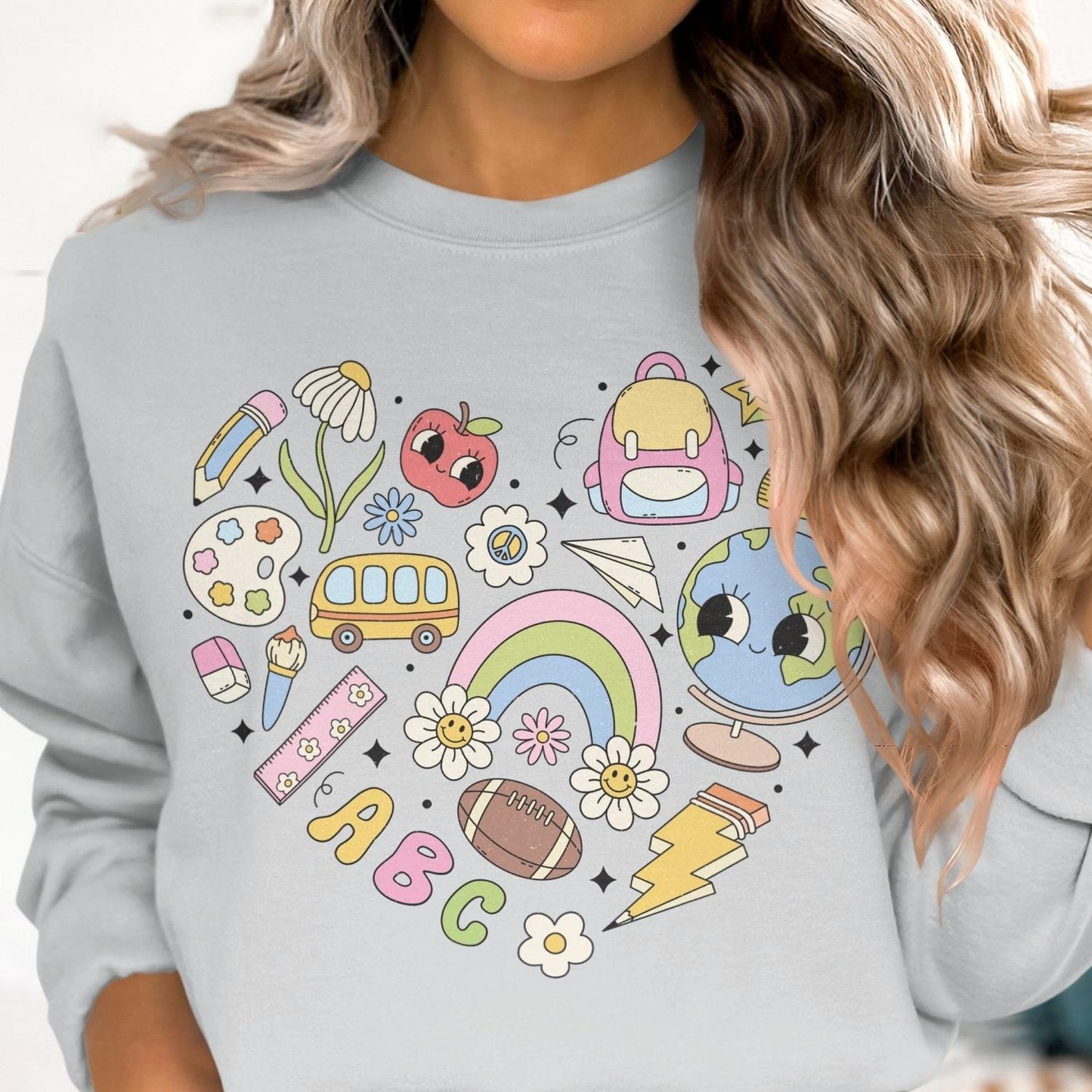 Back to School Sweatshirt, Cute School Themed Design, Education Icons, Kids School Essentials, Colorful School Supplies - Almighty Goods