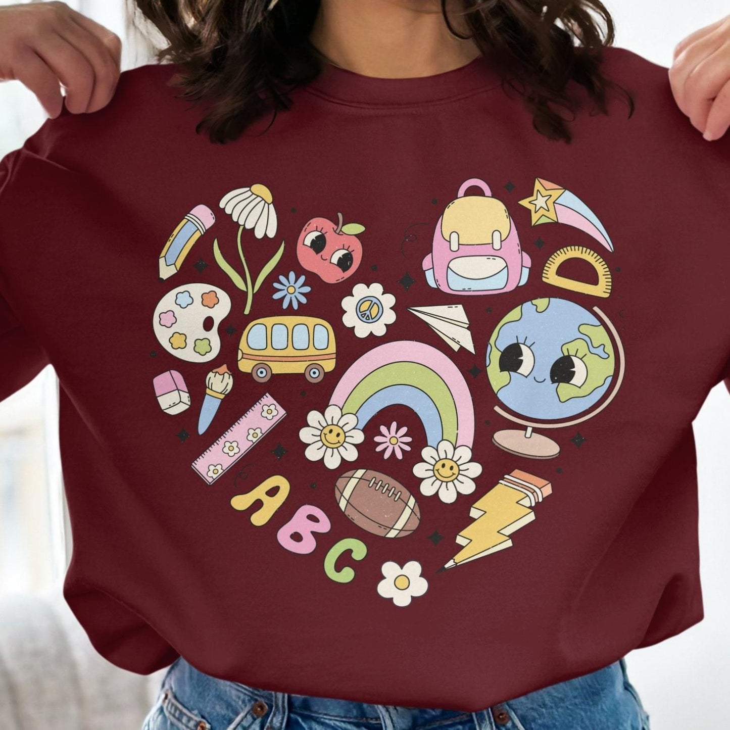 Back to School Sweatshirt, Cute School Themed Design, Education Icons, Kids School Essentials, Colorful School Supplies - Almighty Goods
