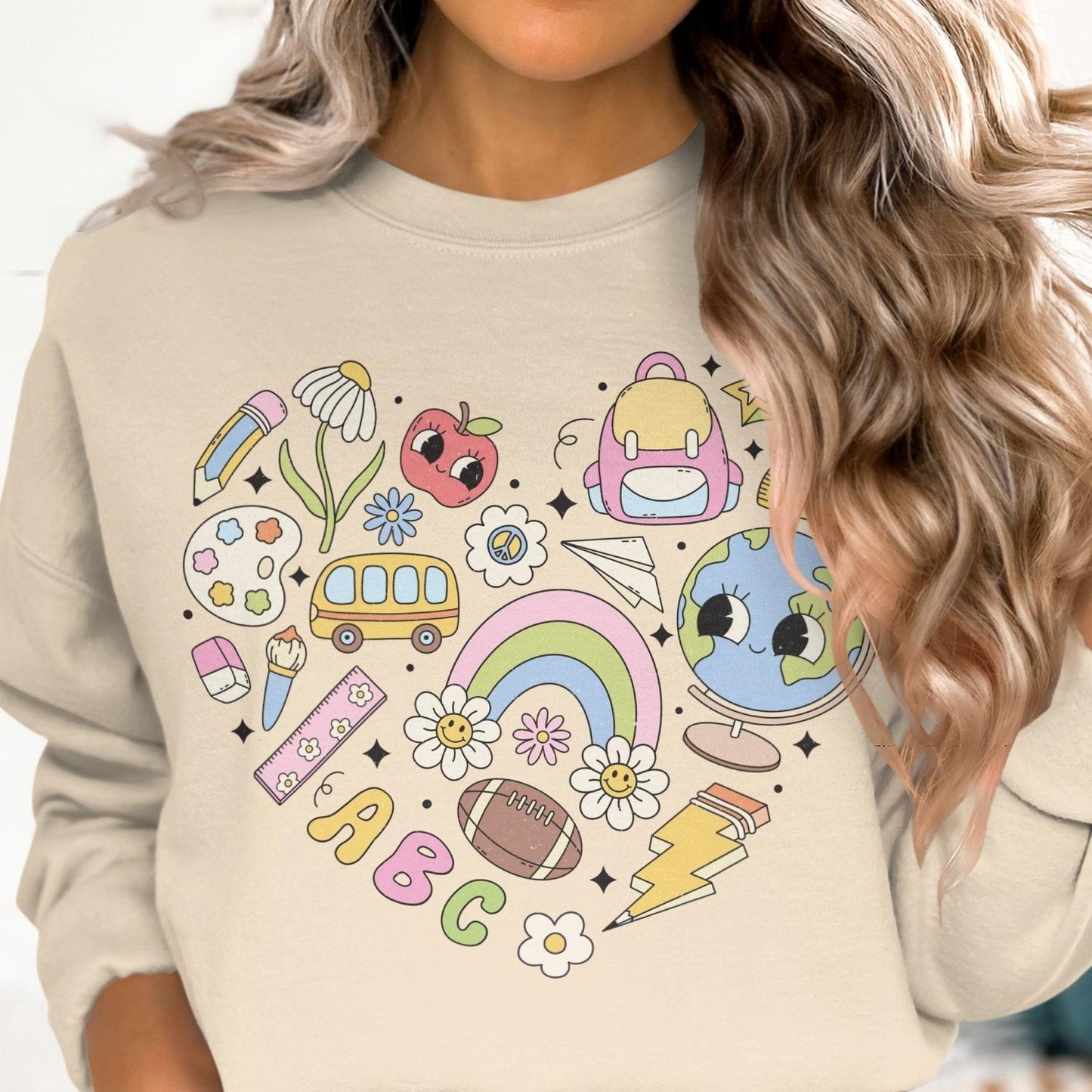 Back to School Sweatshirt, Cute School Themed Design, Education Icons, Kids School Essentials, Colorful School Supplies - Almighty Goods