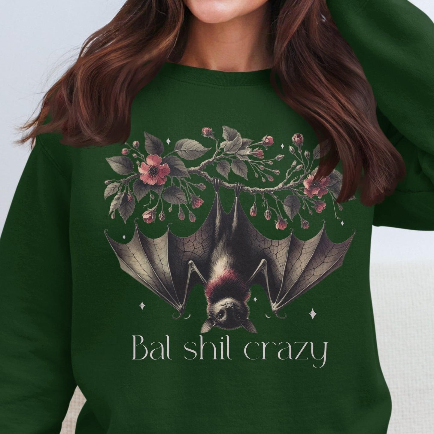 Bat Shit Crazy Bat Sweatshirt With Charming Floral Design, Sweatshirt - Almighty Goods
