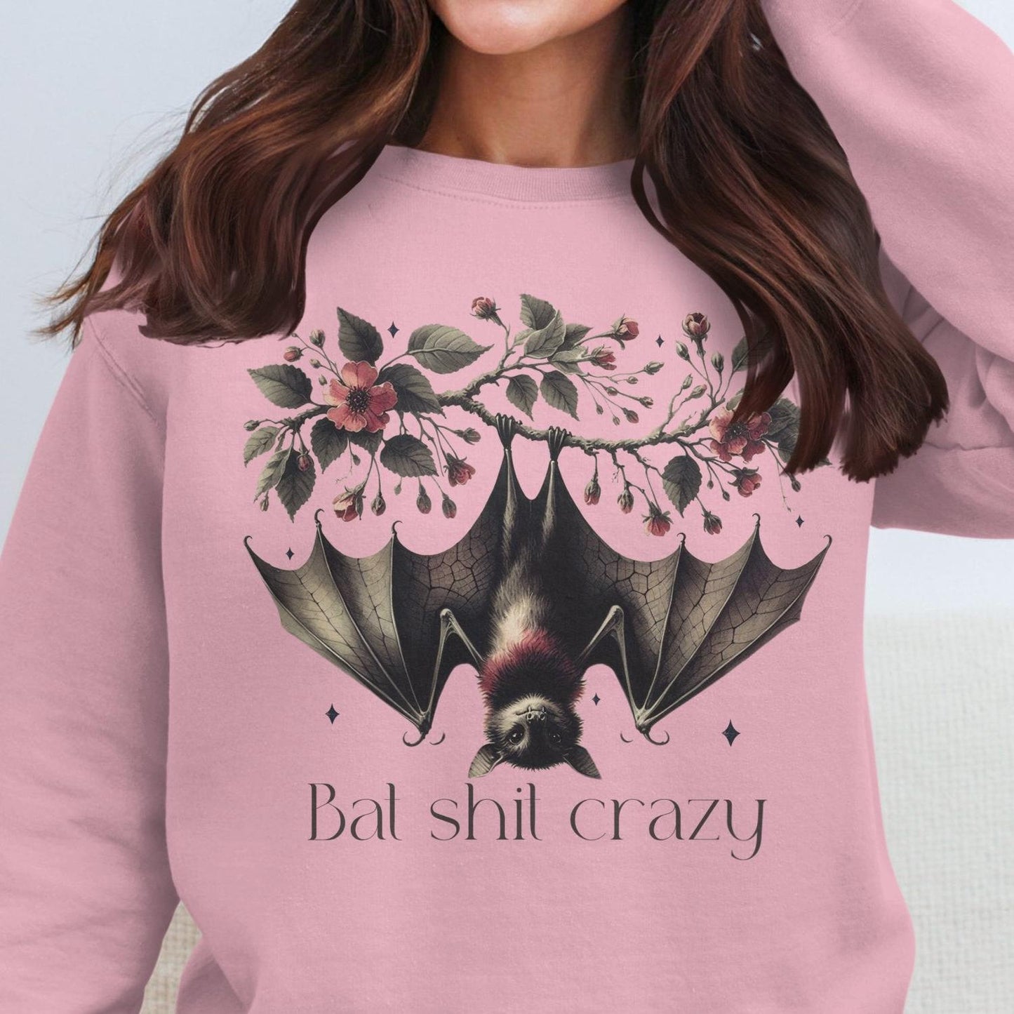 Bat Shit Crazy Bat Sweatshirt With Charming Floral Design, Sweatshirt - Almighty Goods