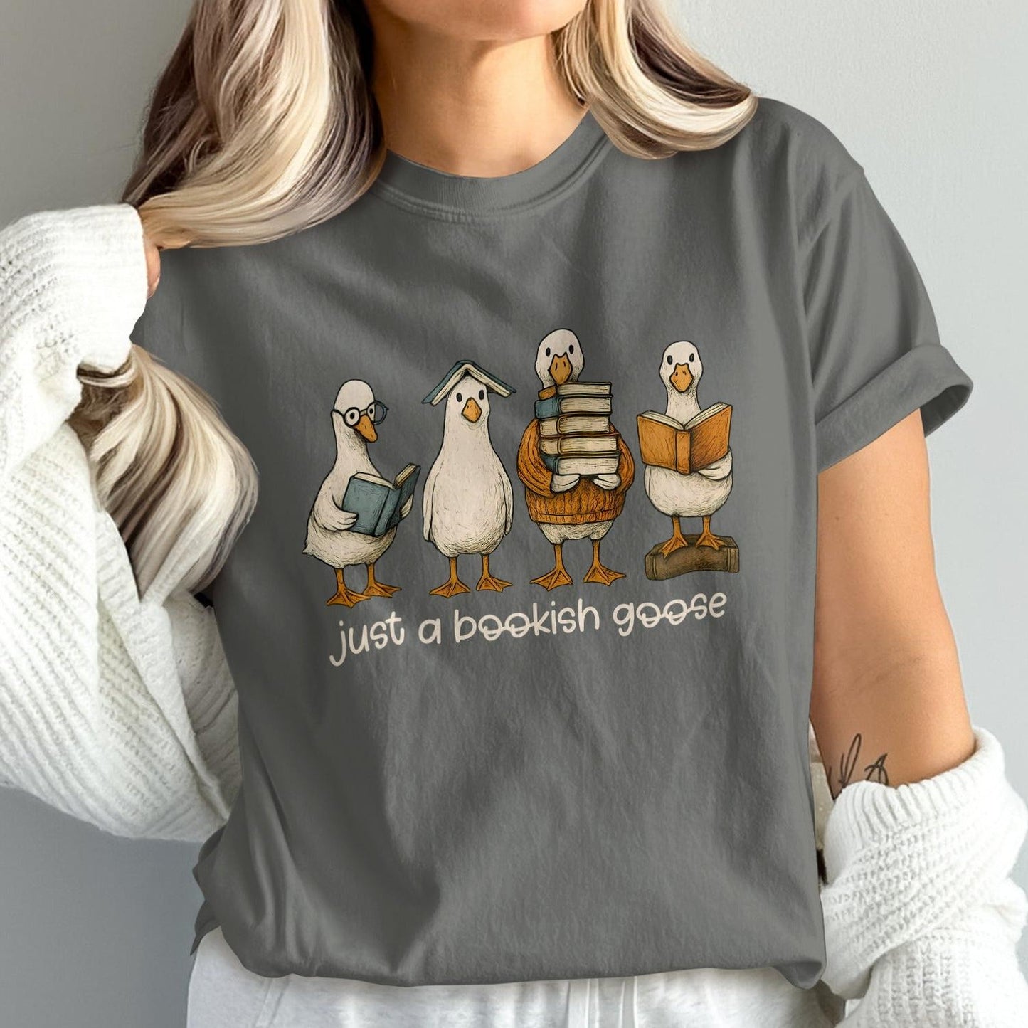 Just A Bookish Goose Graphic Tee Shirt product type