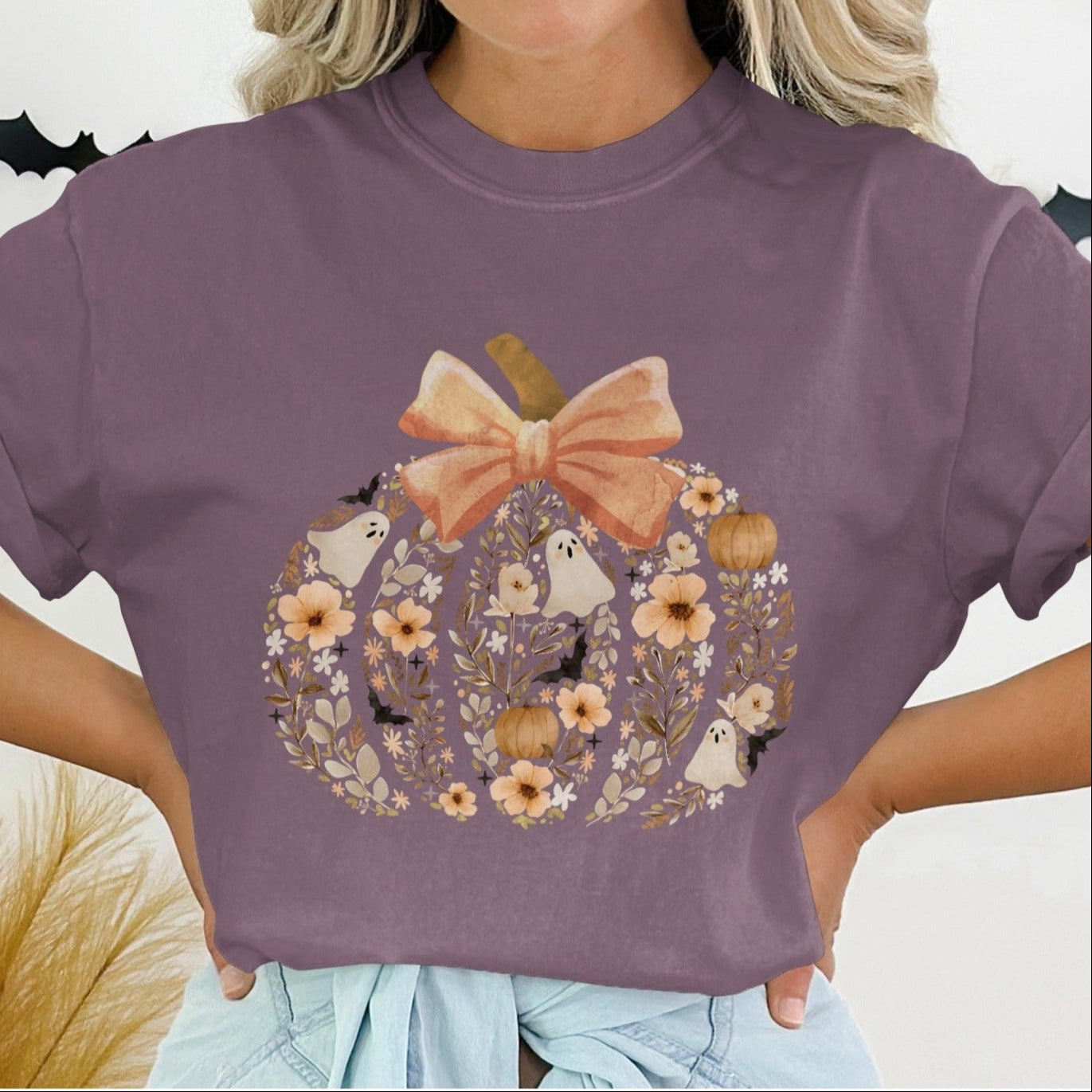 Halloween Pumpkin Graphic Shirt with Bats product type