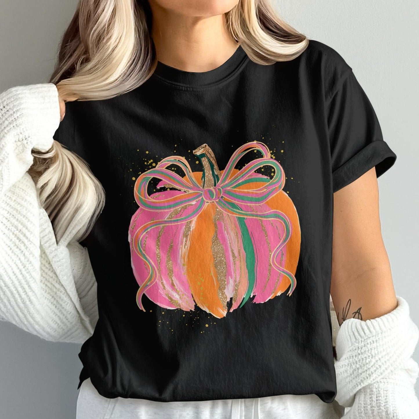 Colorful Pumpkin Print Black T-Shirt product type