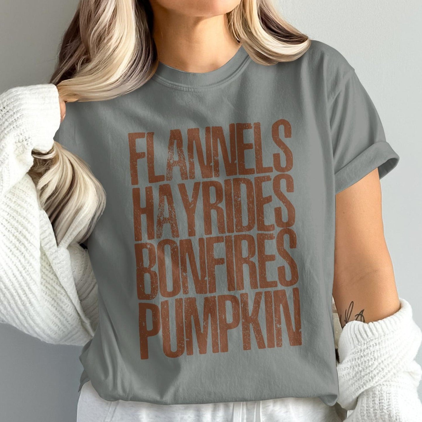 Flannels Hayrides Bonfires Pumpkin Printed T-shirt product