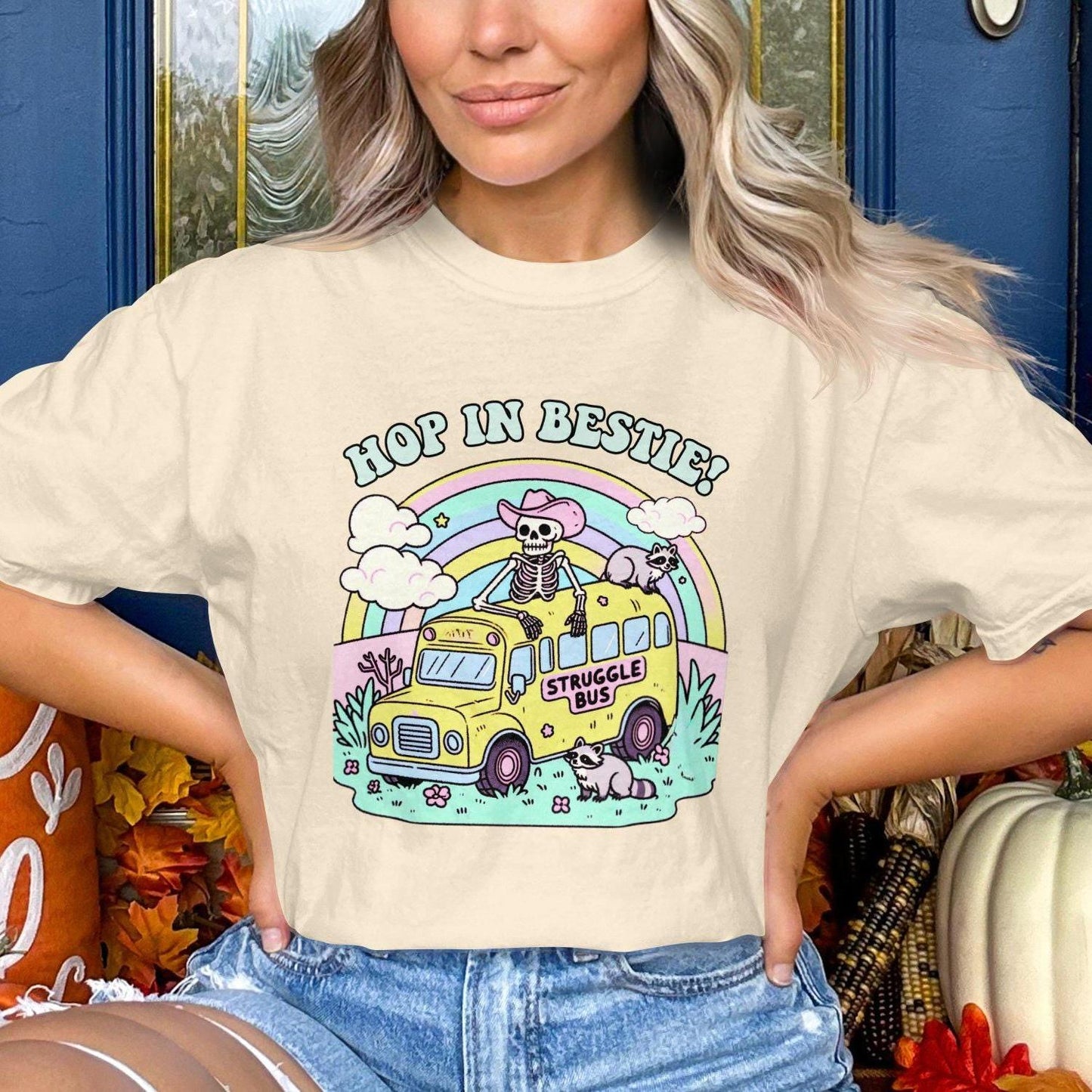 Hop in Bestie Struggle Bus T-Shirt, Skeleton Funny Graphic Tee, Comfort Colors T-Shirt, Pastel Vintage Aesthetic, Cute Raccoon Shirt