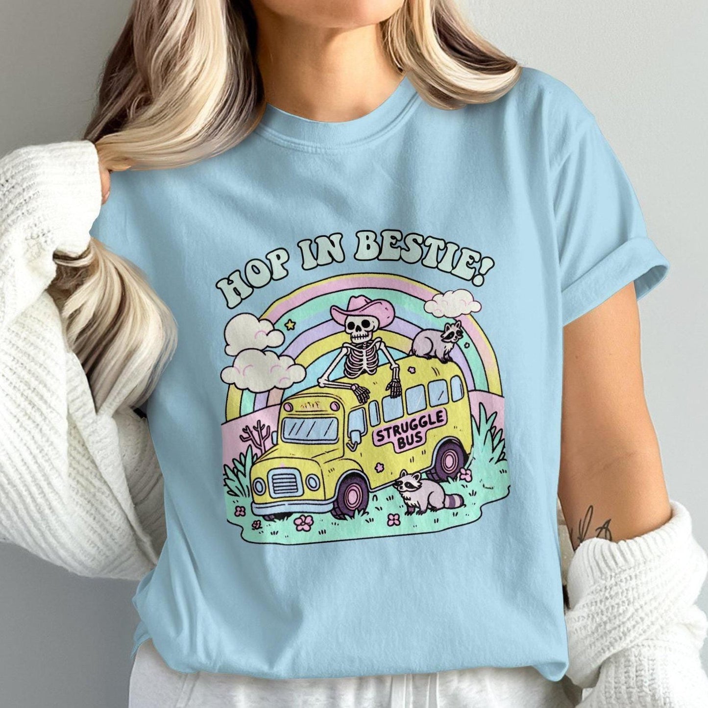 Hop in Bestie Struggle Bus T-Shirt, Skeleton Funny Graphic Tee, Comfort Colors T-Shirt, Pastel Vintage Aesthetic, Cute Raccoon Shirt