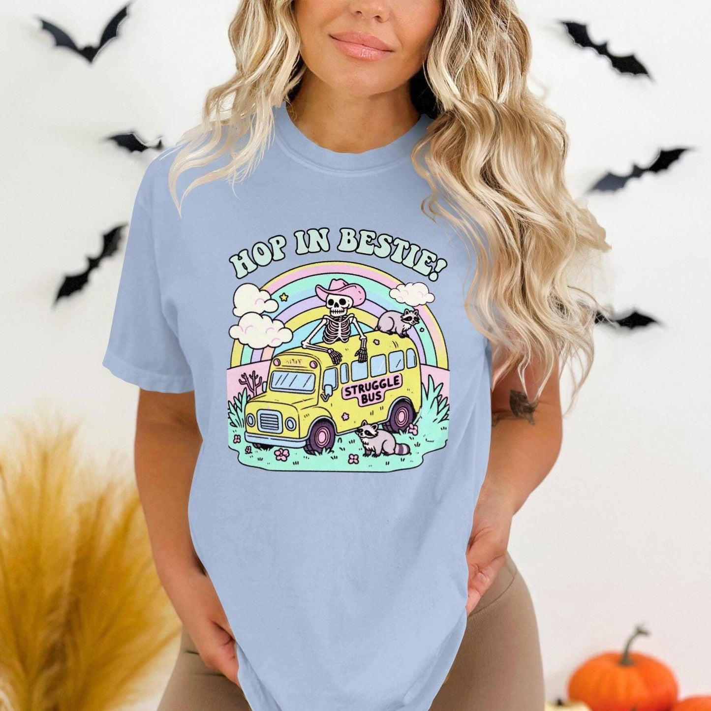 Hop in Bestie Struggle Bus T-Shirt, Skeleton Funny Graphic Tee, Comfort Colors T-Shirt, Pastel Vintage Aesthetic, Cute Raccoon Shirt