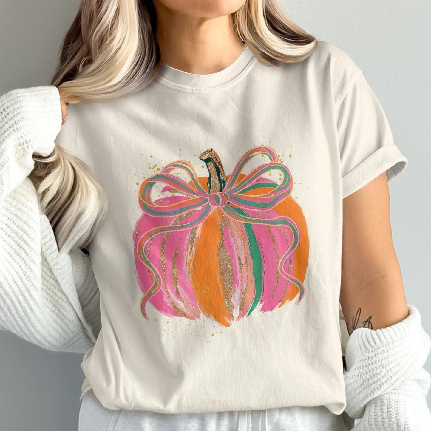 Colorful Bow Decorated Pumpkin Graphic T-Shirt product