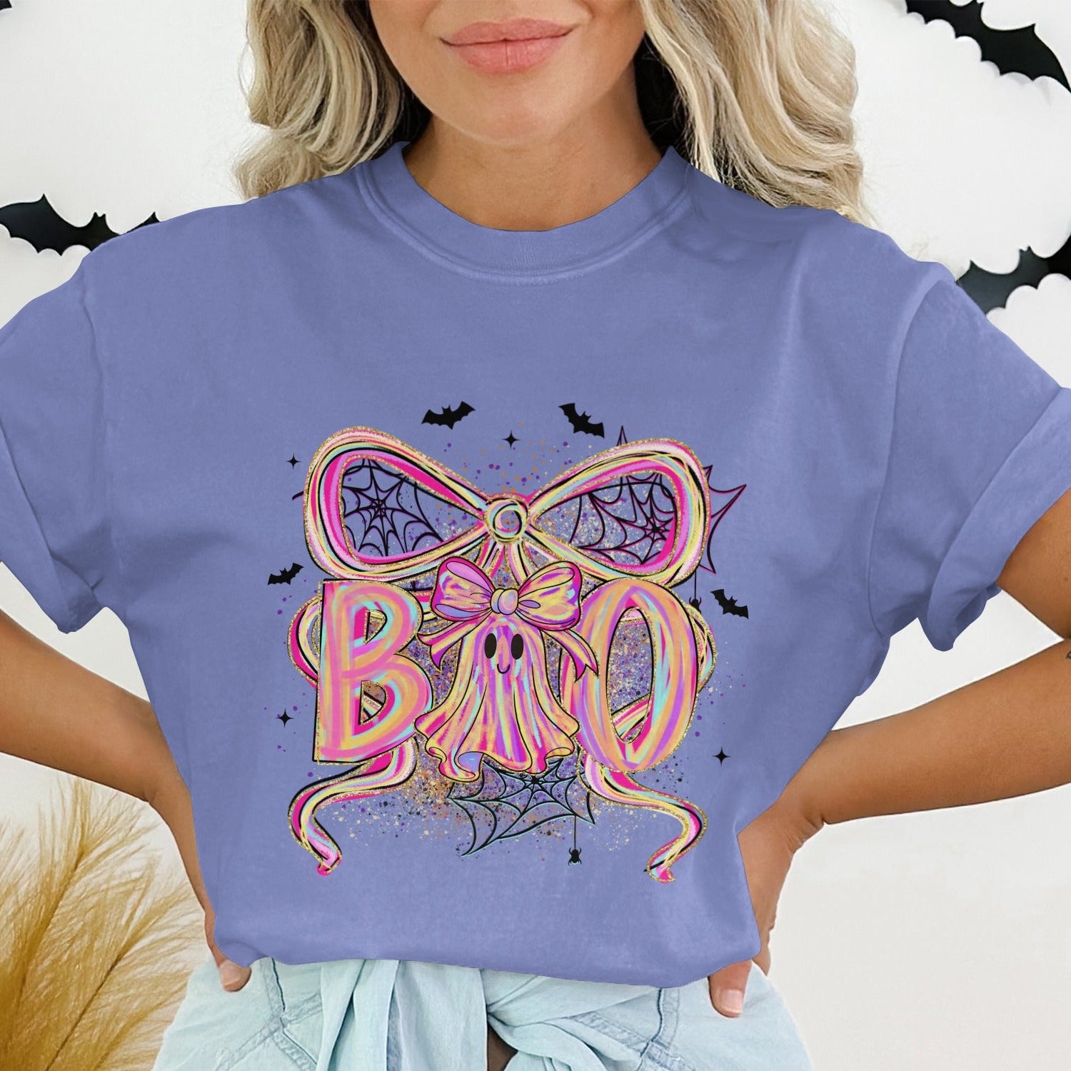 Boo Bow Halloween Bats Women's Graphic Tee Shirt product type