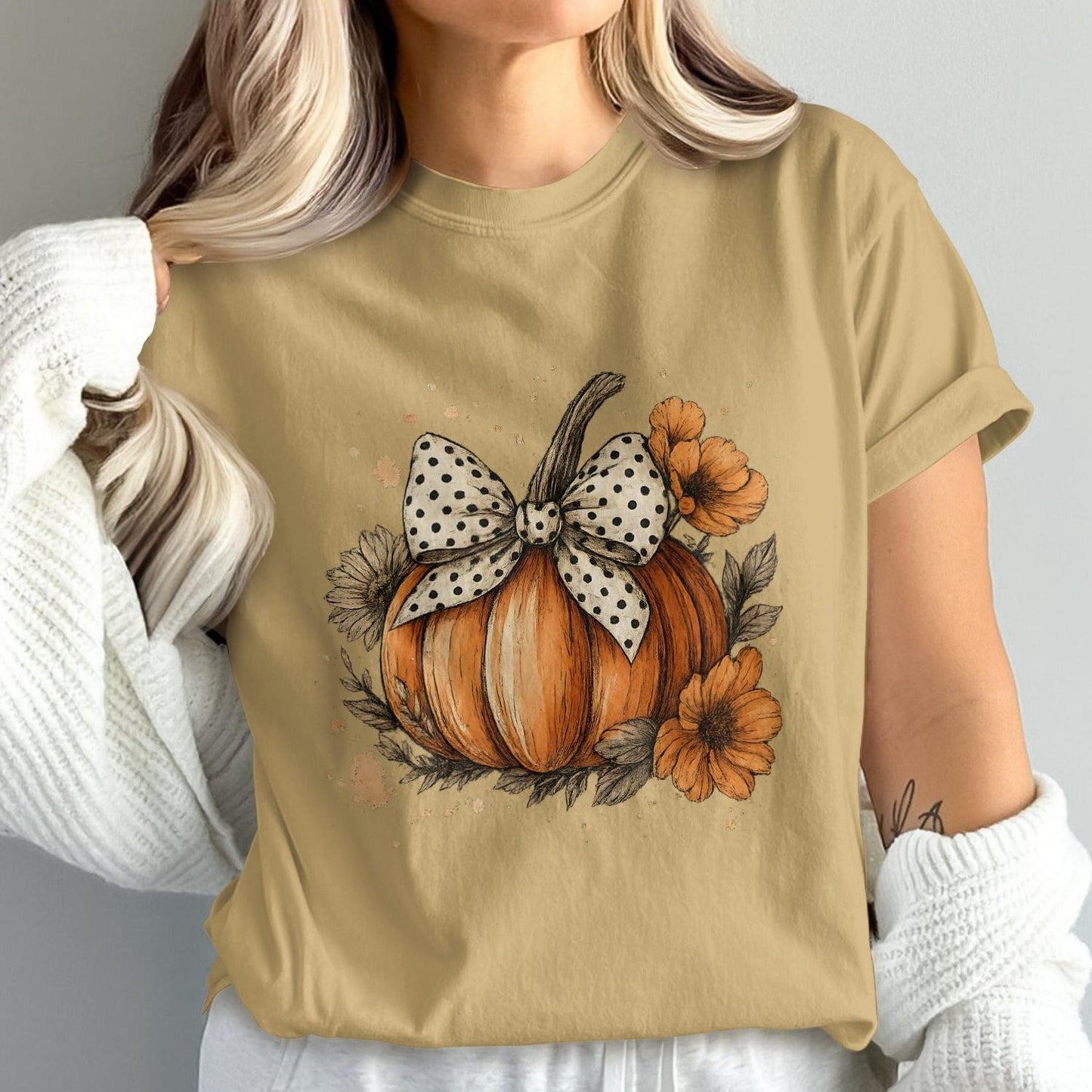 Pumpkin and Floral Bow Graphic Tee Shirt product