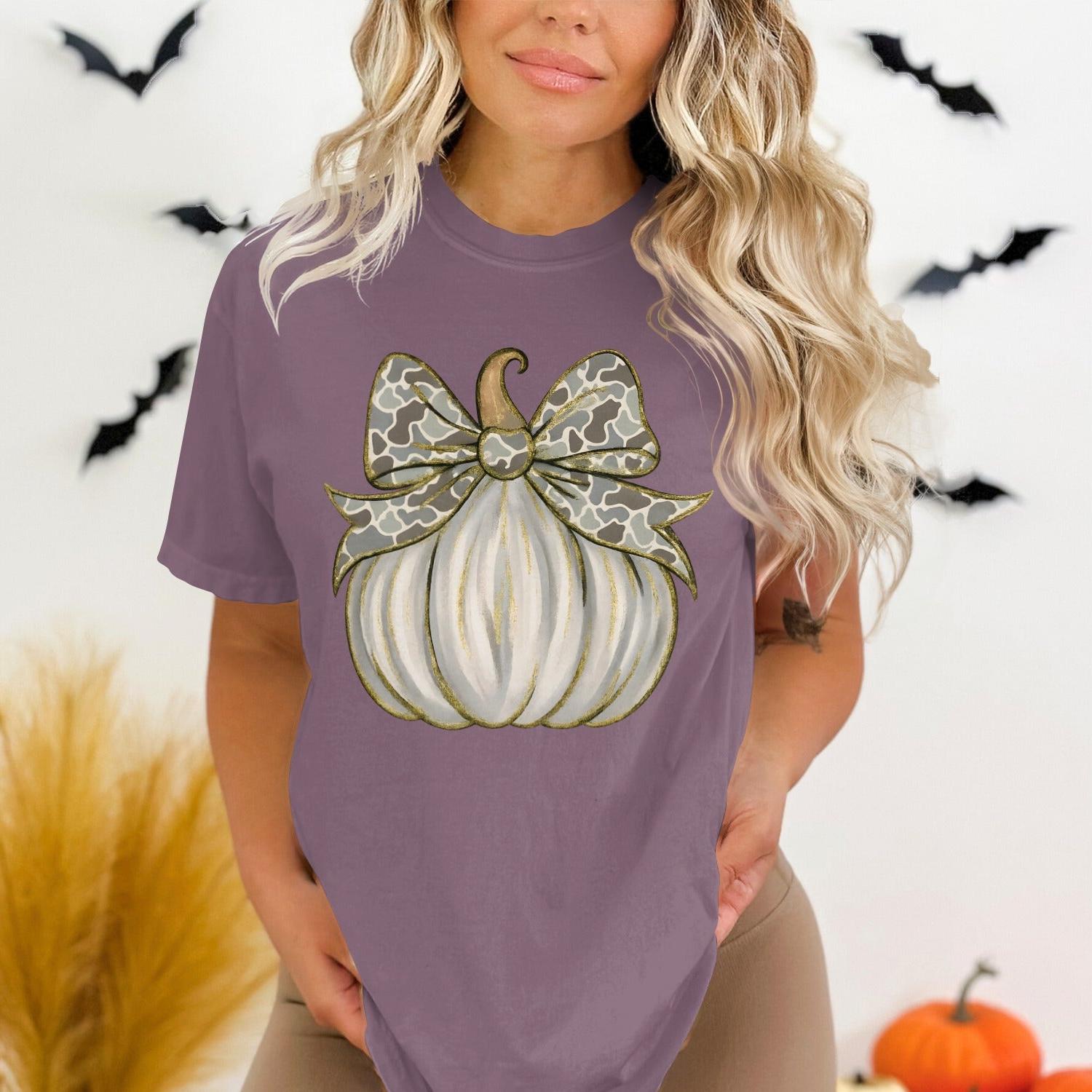 Women's Purple Pumpkin and Bow T-Shirt product type