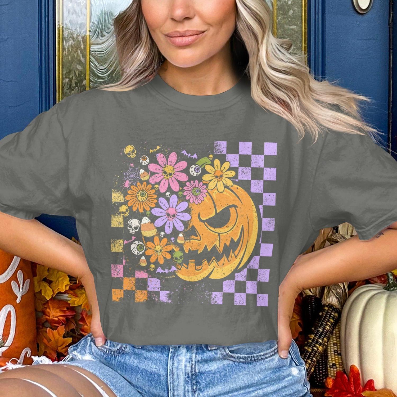Floral Checkered Pumpkin Halloween Shirt product type