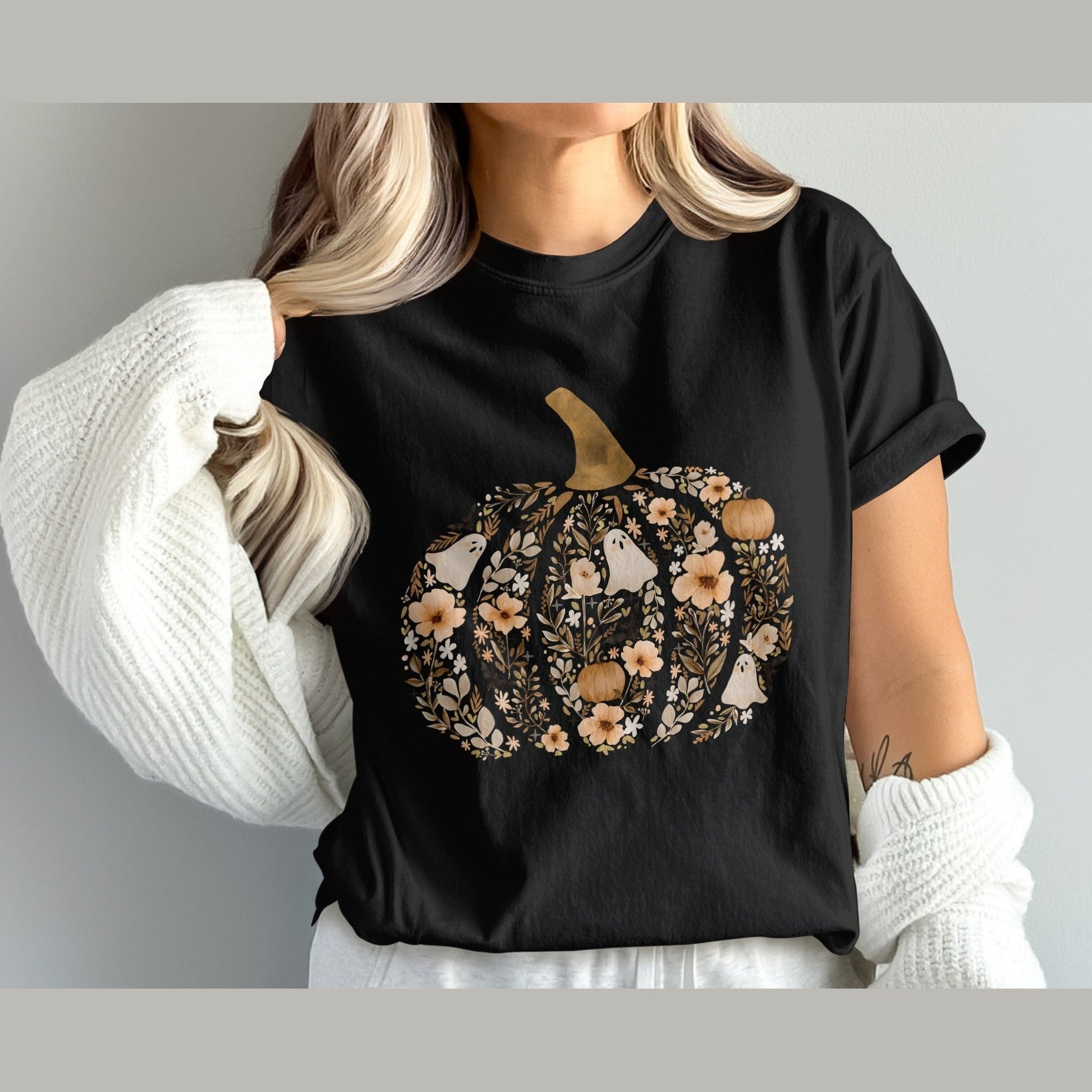 Pumpkin and Floral Design Halloween T-shirt product type