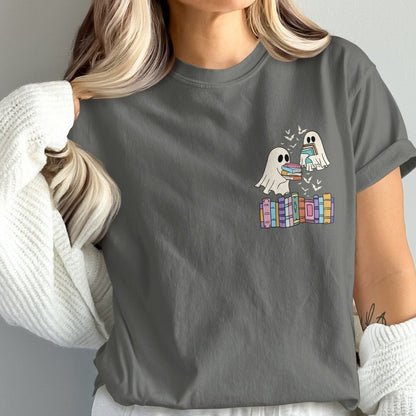 Cute Ghosts with Books Design on Crew Neck TShirt product type