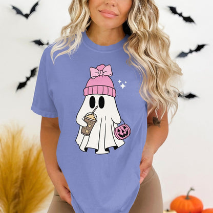 Cute Ghost with Pink Bow Drinking Coffee T-shirt product
