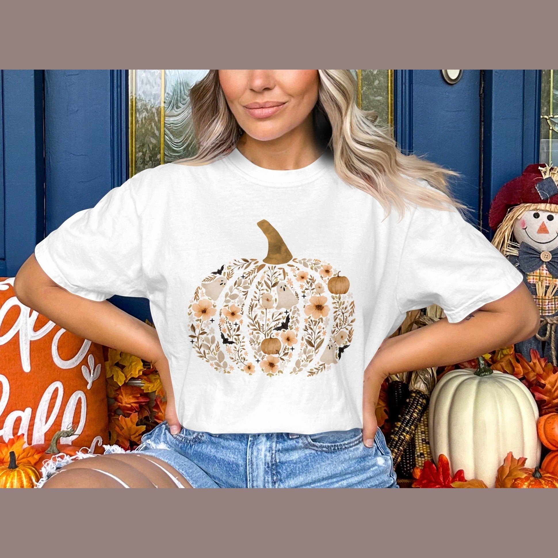 Floral Pumpkin Graphic White T-shirt Casual Clothing Product
