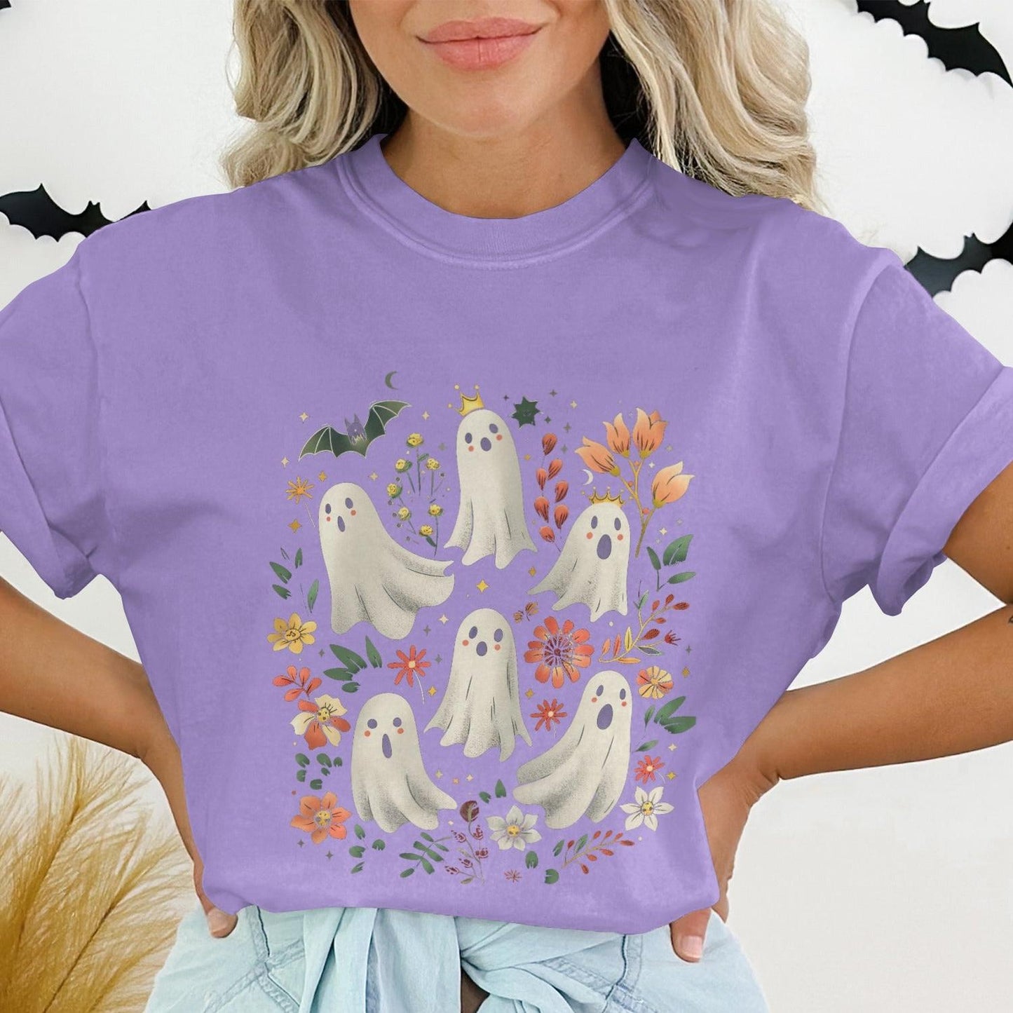 Cute Purple Ghosts and Flowers Graphic Tshirt product type