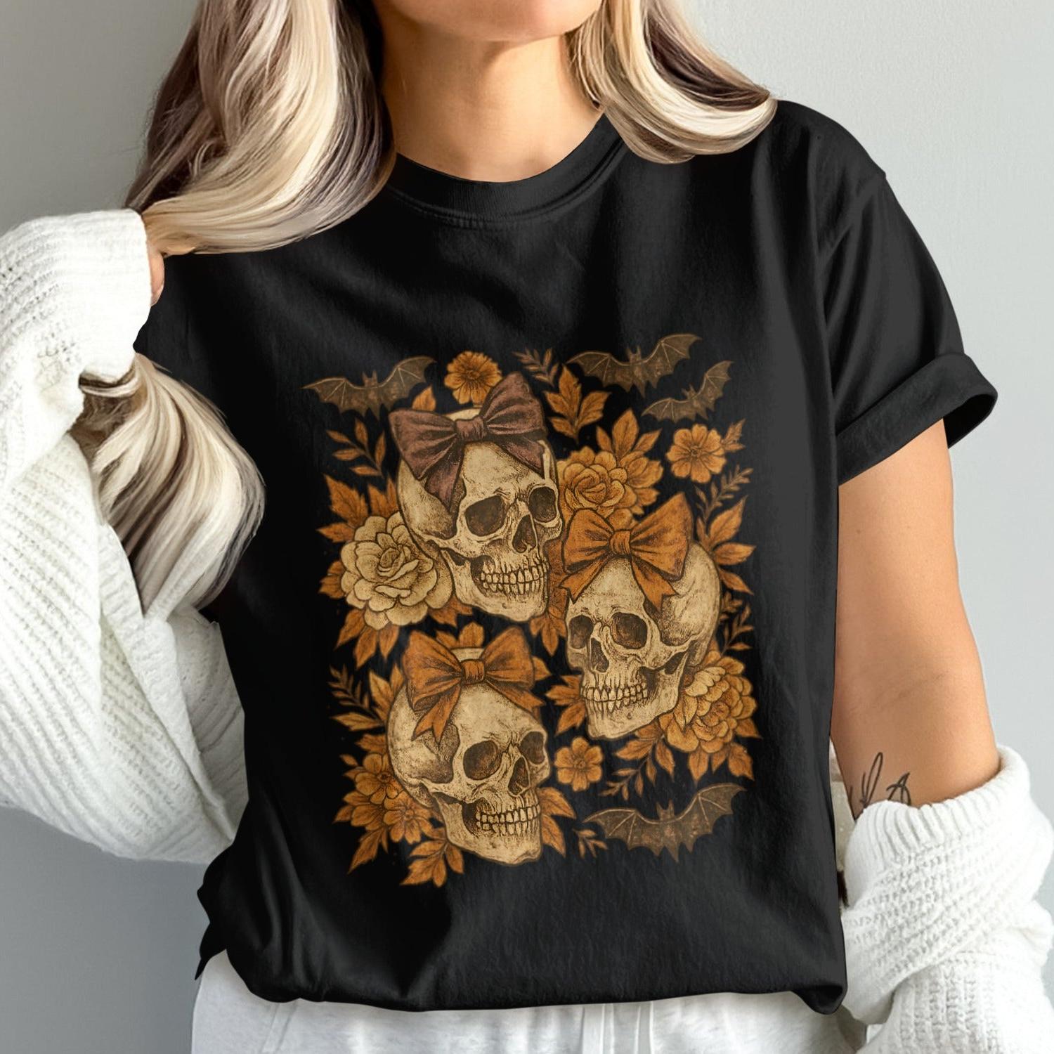 Halloween Skulls and Bats Flowers Graphic Shirt product