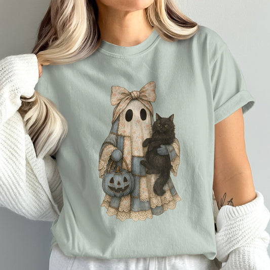 Cute Halloween Ghost and Black Cat Graphic T-Shirt product type
