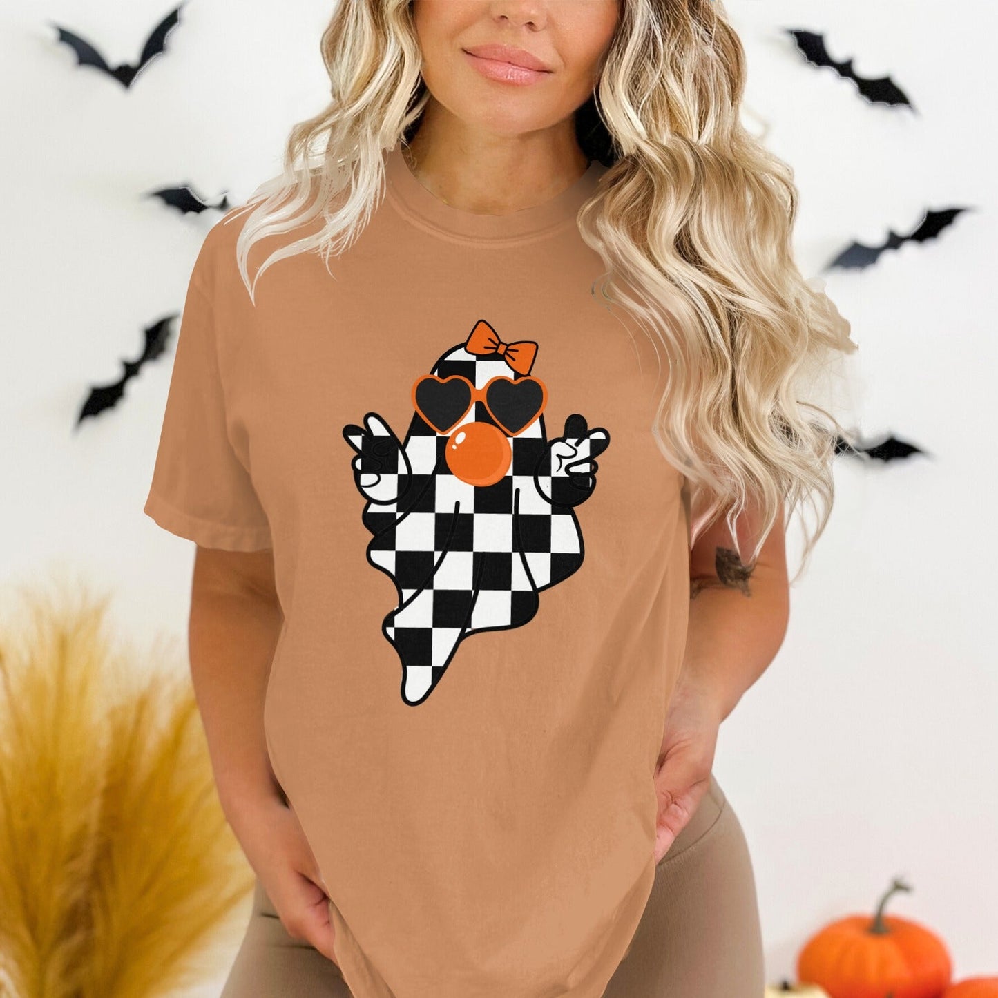 Peace Love Halloween Checkered Ghost T-shirt