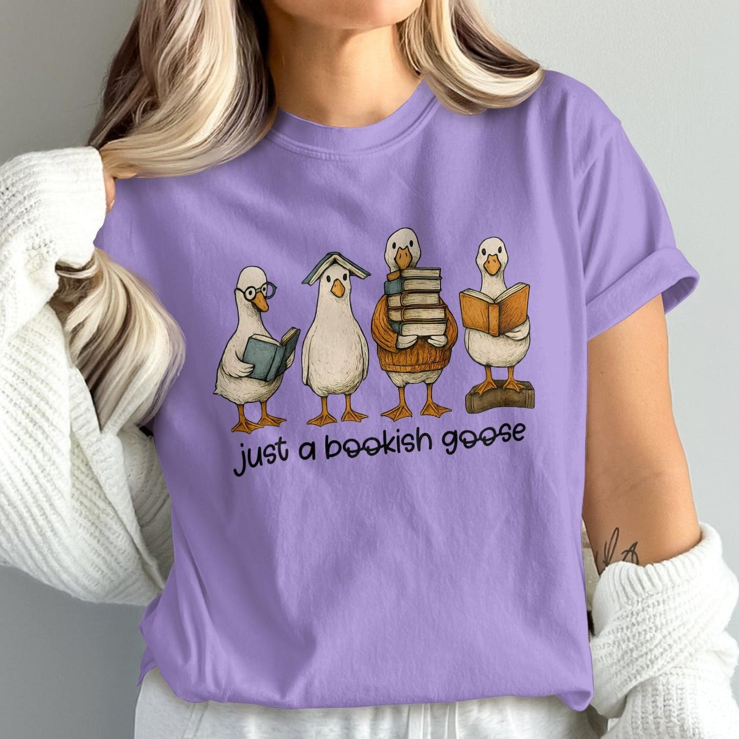 Just a Bookish Goose Funny Graphic Tee Shirt product type