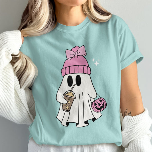 Cute Ghost with Pink Hat and Coffee Graphic Tshirt product type