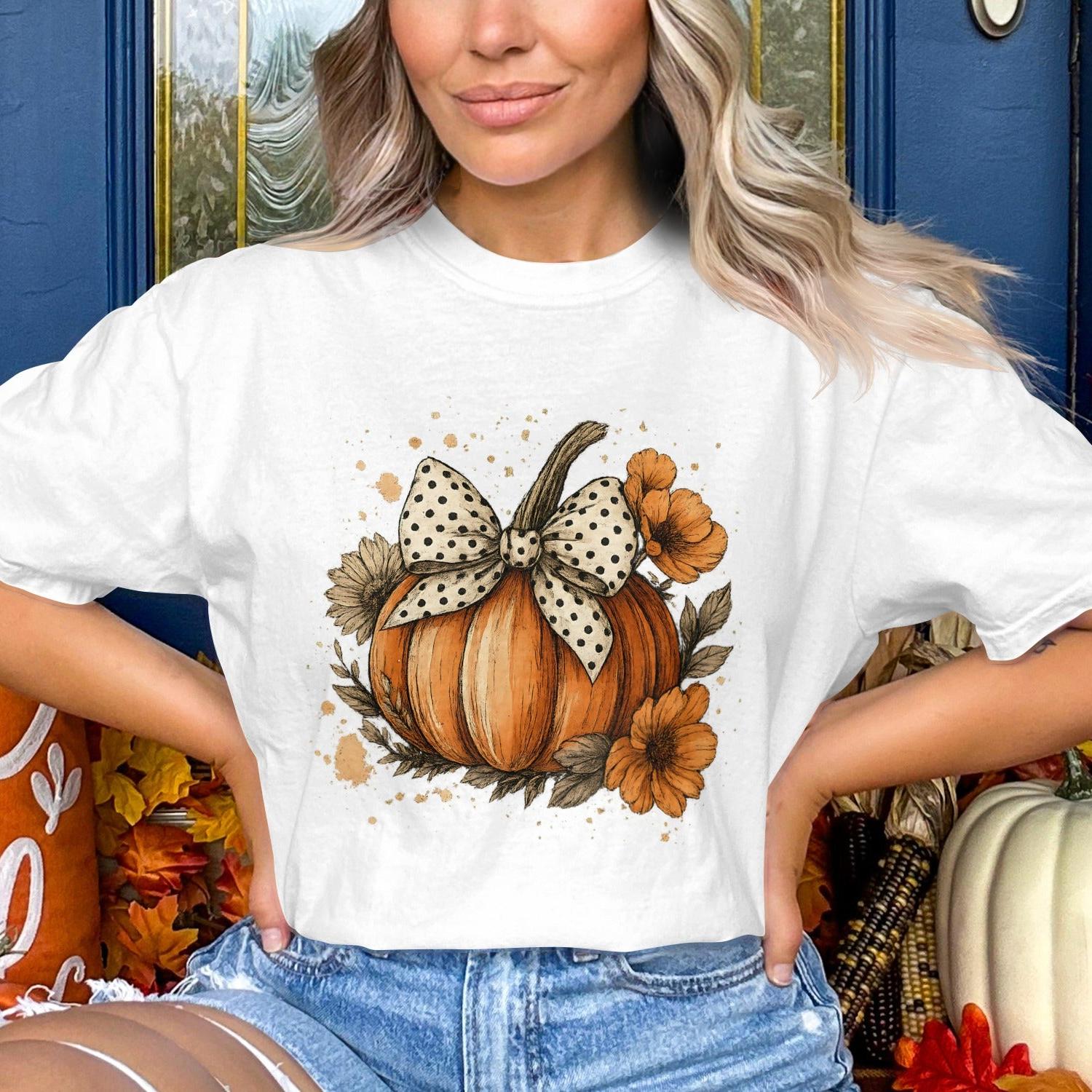 Pumpkin Bow and Flowers Graphic Shirt product type