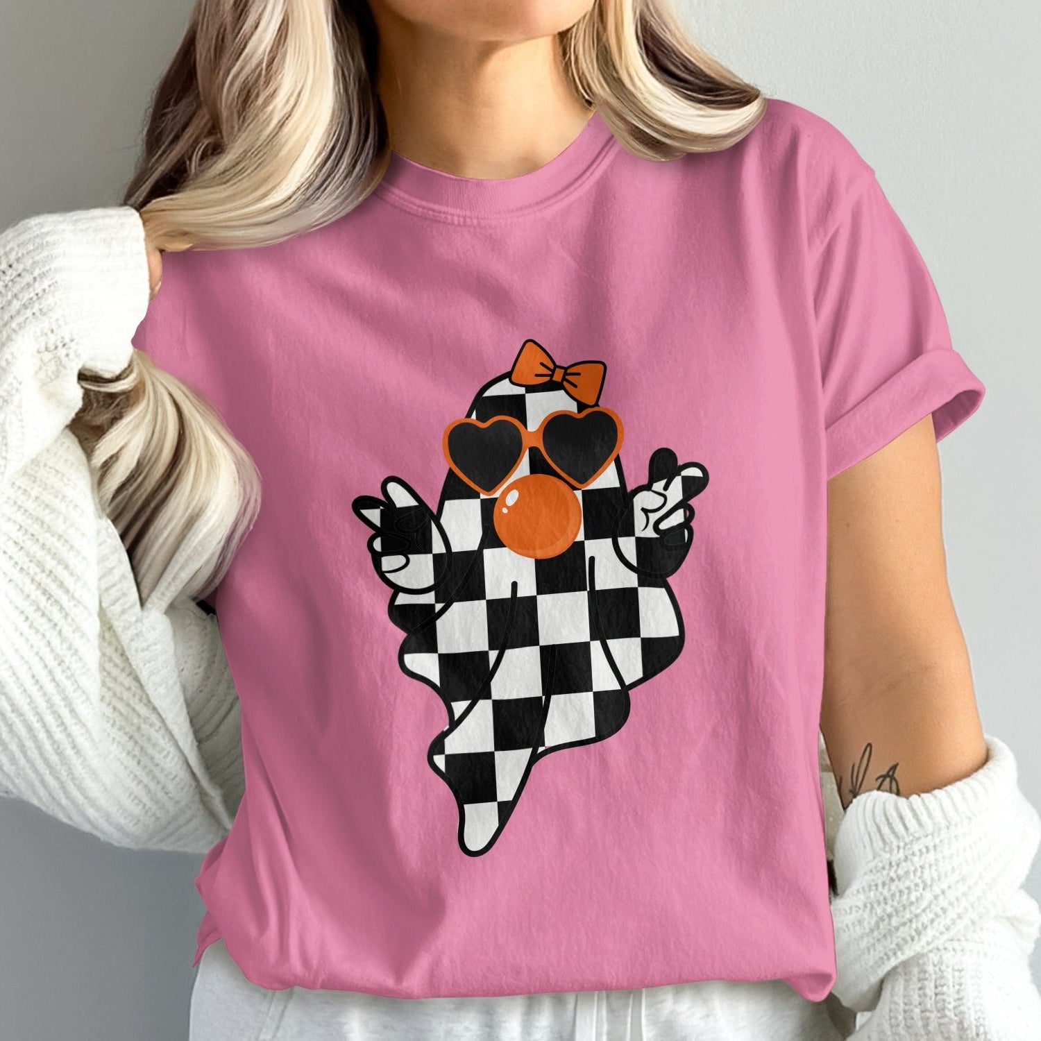 Pink Shirt with Trendy Checkered Ghost Graphic shirt