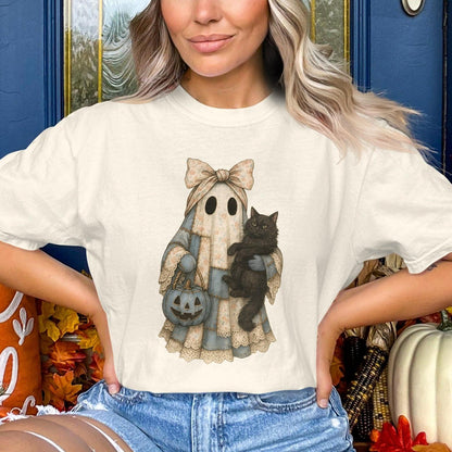 Cute Ghost Holding Black Cat Halloween T-Shirt product