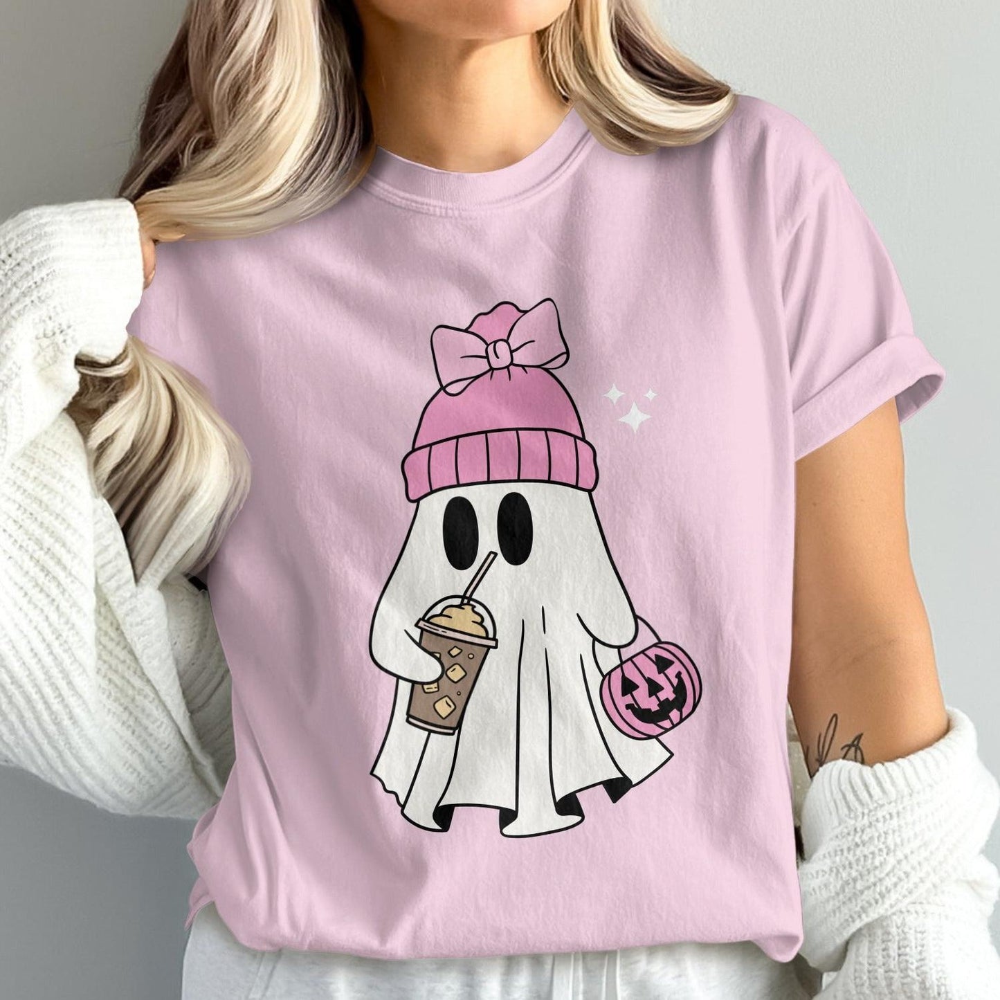 Cute Pink Ghost with Coffee Halloween T-Shirt product type